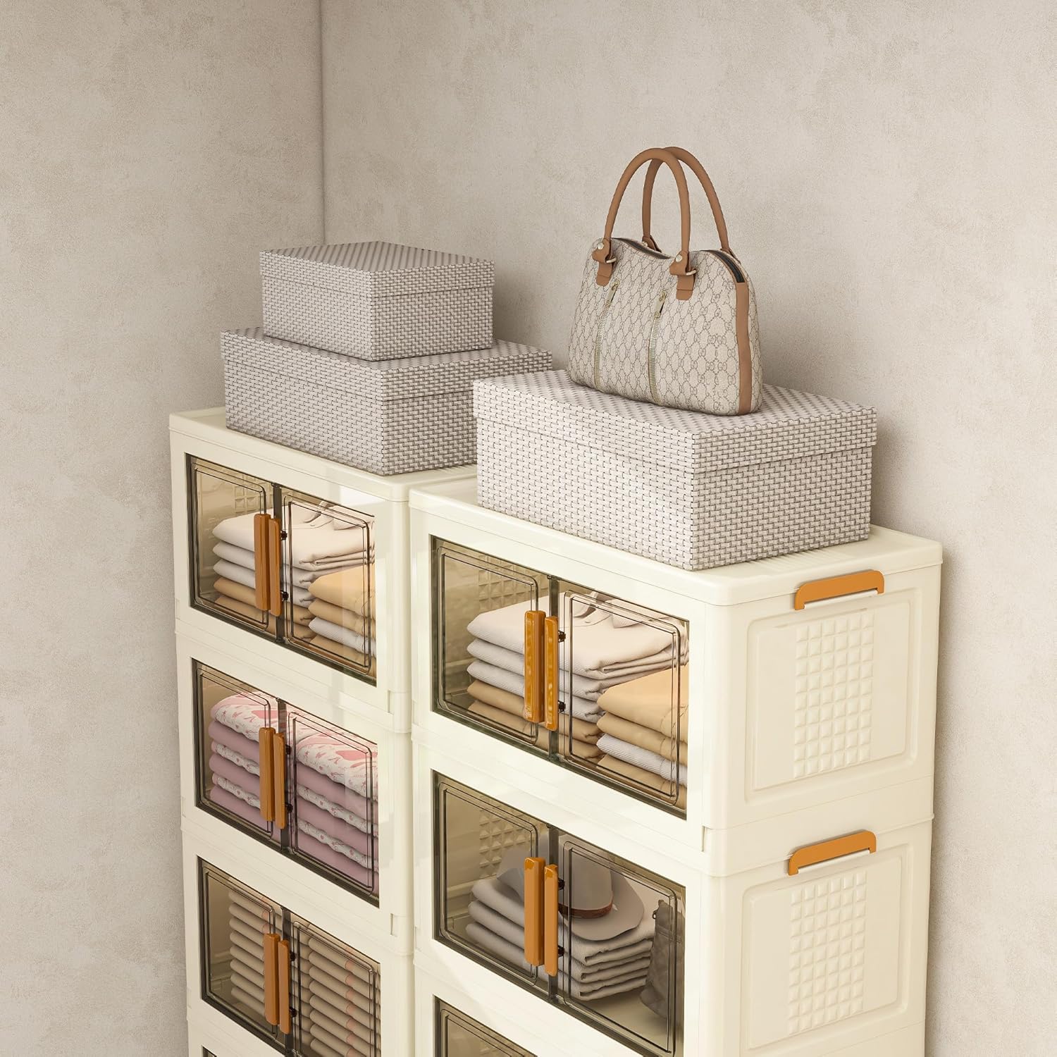 Plastic Stackable Storage Bins with 2 Lids and Wheels, Foldable Closet Organizers and Storage Containers, Collapsible Clear Drawer Storage Cabinet with Doors Ivory White 273.6 QT