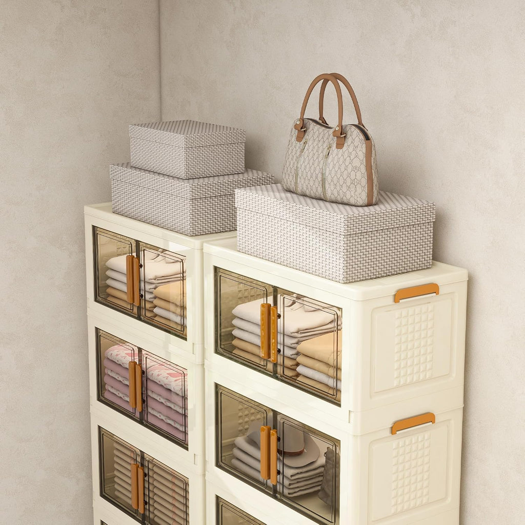 Plastic Stackable Storage Bins with Lids and Wheels, Foldable Closet Organizers and Storage Containers, Collapsible Clear Drawer Storage Cabinet with Doors Ivory White 182.4 QT