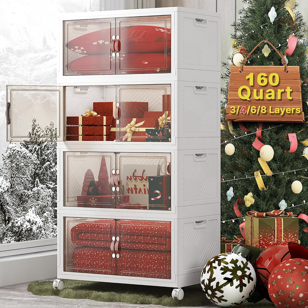 Extra Large Stackable Storage Bins with Lids & Wheels & Door, 660QT-165QT/41GAL*4Pack Foldable Collapsible Closet Organizers, Plastic Containers Drawers for Bedroom Dorm Garage Christmas gift