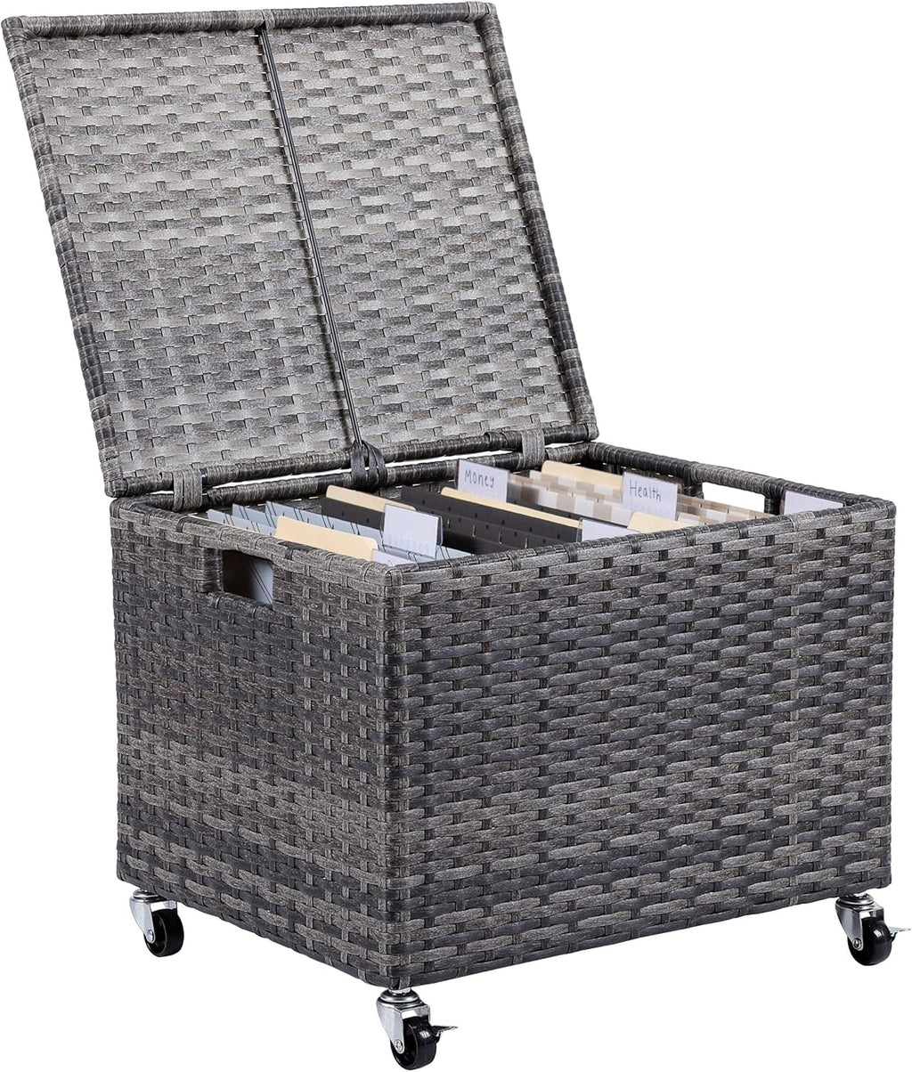 BIRDROCK HOME Rolling File Box - Storage Cabinet with Wheels - Weatherproof Rattan-Style Resin Deck Chest for Garden, Home and Office - Organize Cushions, Toys, and Accessories - Storage Box - Grey