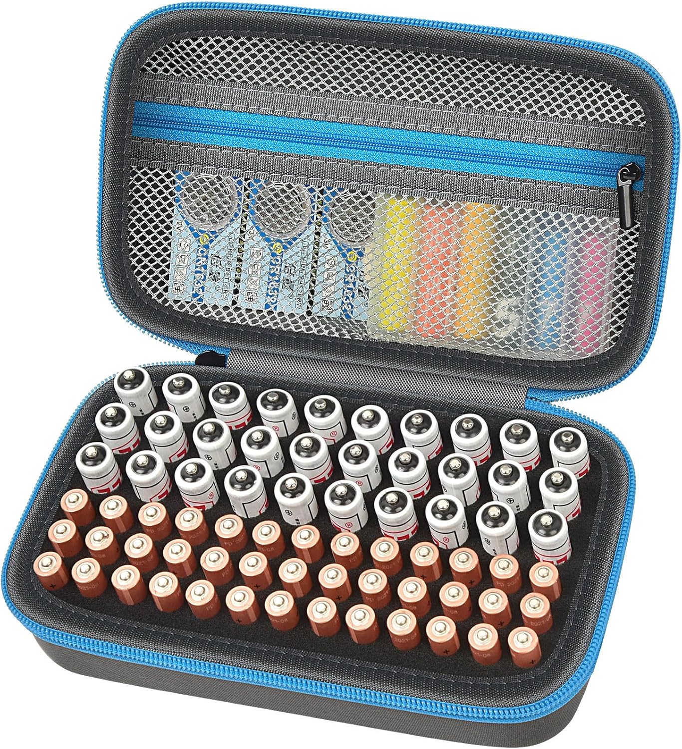 ALKOO Battery Organizer Storage Holder Case Box for 69+ Batteries AA AAA C Cell 9V 3V Lithium - No Tester Included (Blue)