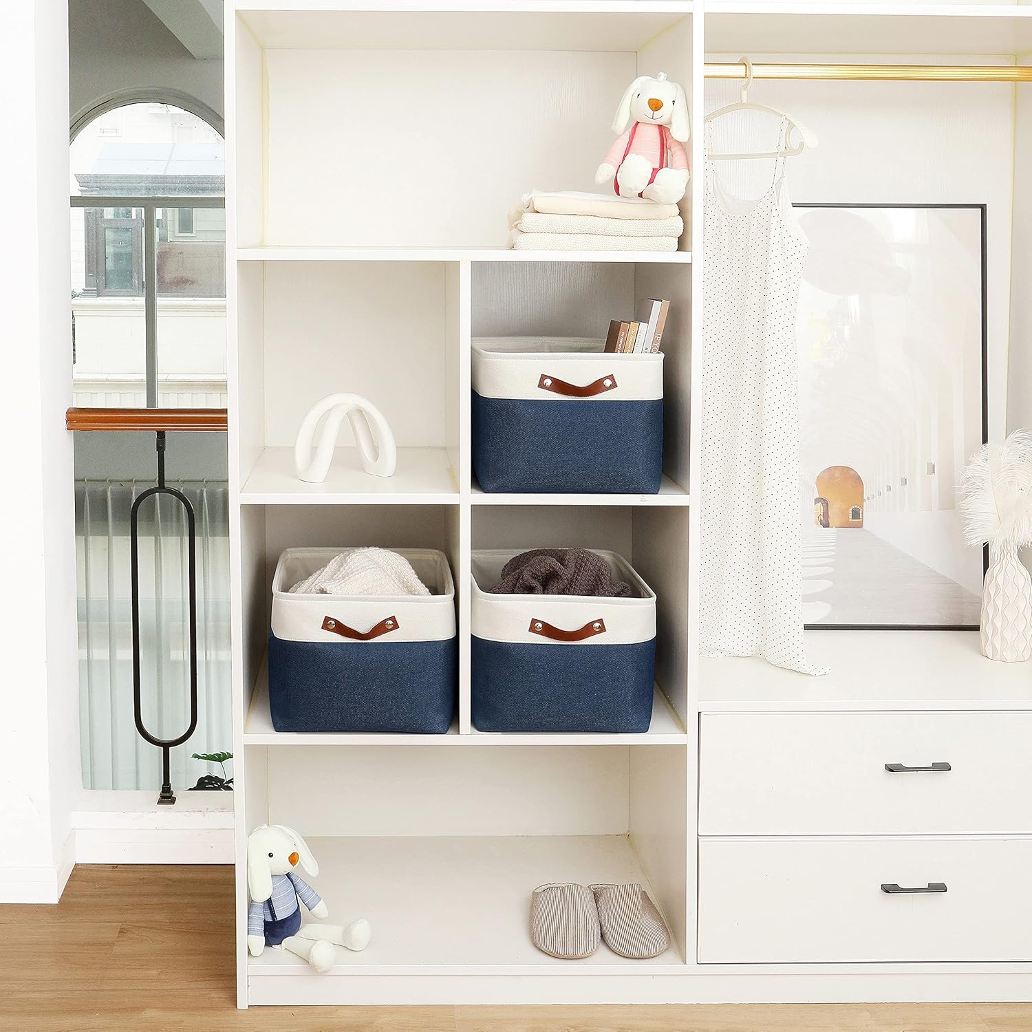 OrganiHaus Extra Large Fabric Storage Baskets for Shelves 3 Pack, 16x13in Closet Storage Bins for Shelves, Canvas Baskets for Organizing, Linen Closet Organizers, Cloth Basket, Navy Blue/Off-White