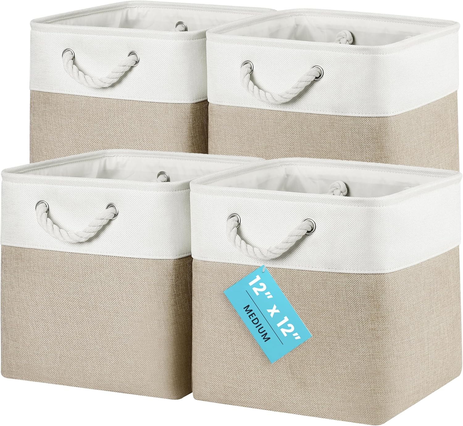OrganiHaus 12x12 Cube Storage Bins 4 Pack, Foldable Cube Storage Organizer w/ Rope Handles, Collapsible Fabric Bins for Toys, Clothes & Closet Organization, Fabric Square Baskets - Beige/White