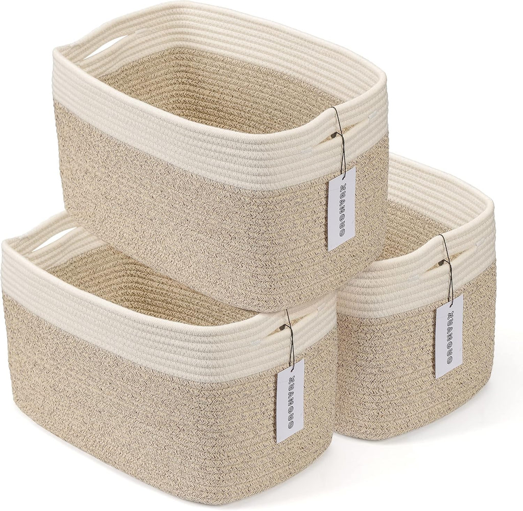 Cotton Rope storage Basket Bins Woven Basket for Organizing Shelves 15X10X9.3" Rectangle Decorative Baskets For storage Clothes Toys Books Towels Nursery basket organizer 3 pack white and brown