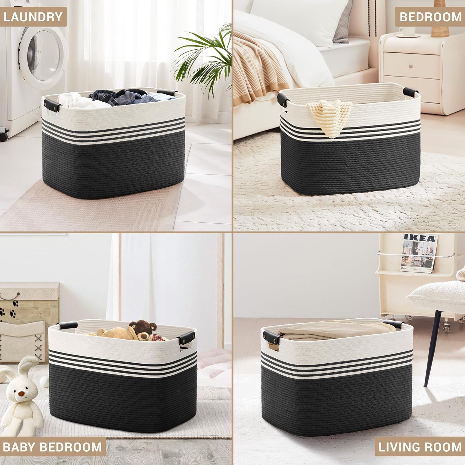 100L Extra Large Laundry Basket with Leather Handles for Living Room Storage, Woven Rope Baskets for Blanket, Kids Toy, Gifts, Wicker Hamper for Bedroom Dirty Clothes, 24"x16"x16" White Black