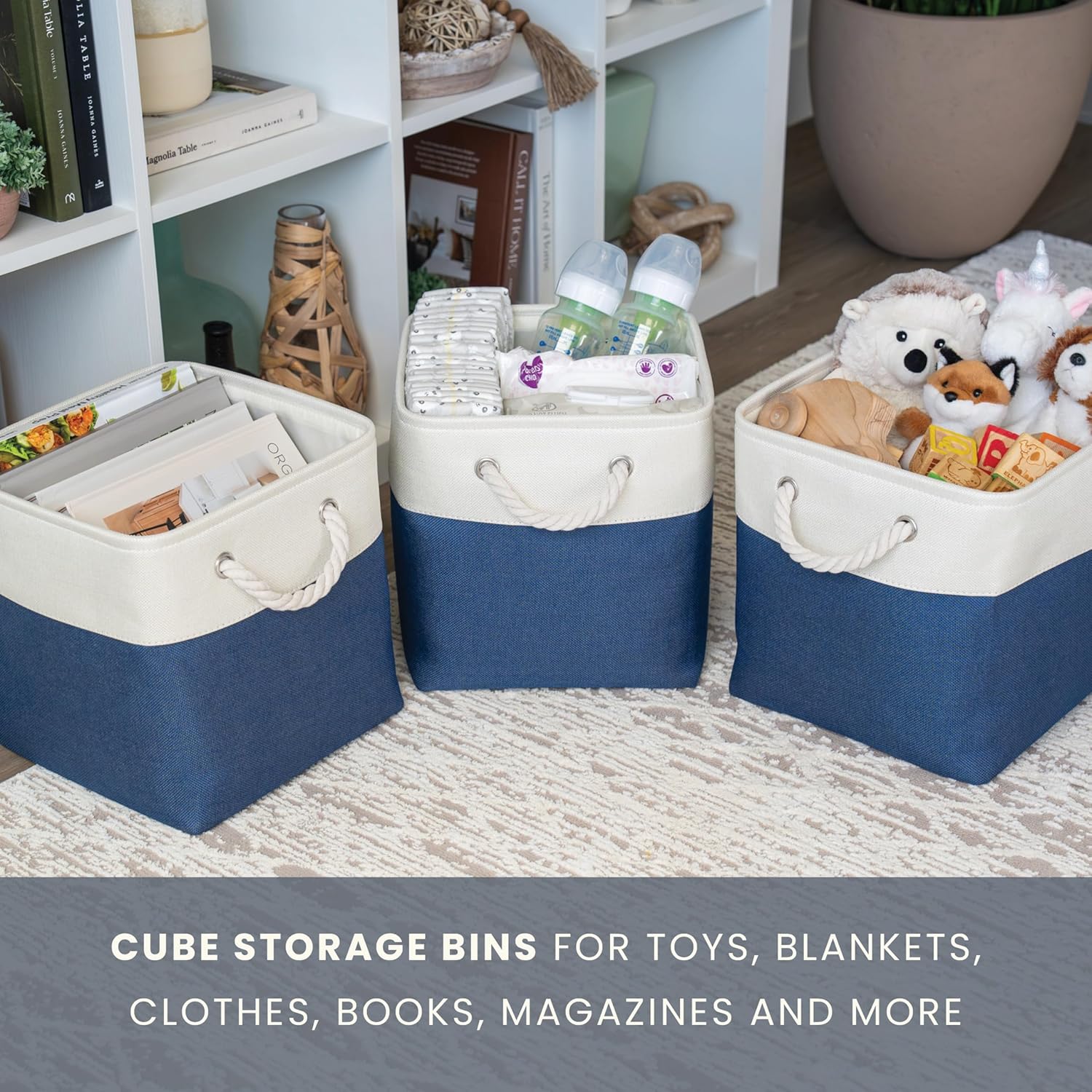 OrganiHaus 12x12 Cube Storage Bins 4 Pack, Foldable Cube Storage Organizer w/ Rope Handles, Collapsible Fabric Bins for Toys, Clothes & Closet Organization, Fabric Square Baskets - Navy Blue