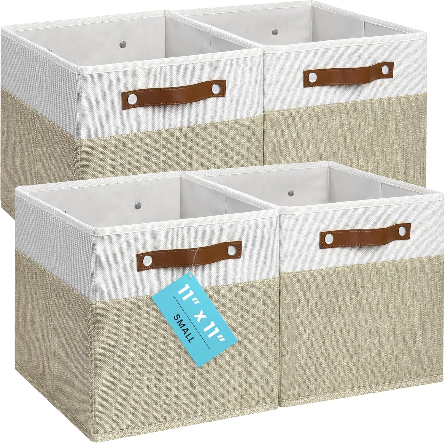 OrganiHaus 11" x 11" x 11" Fabric Cubes Storage Bins Set of 4, Foldable Collapsible Canvas Storage Bins for Organizer, Toy Organizer for Kallax, 11 Inch Linen Cube Shelf Baskets - Beige/White