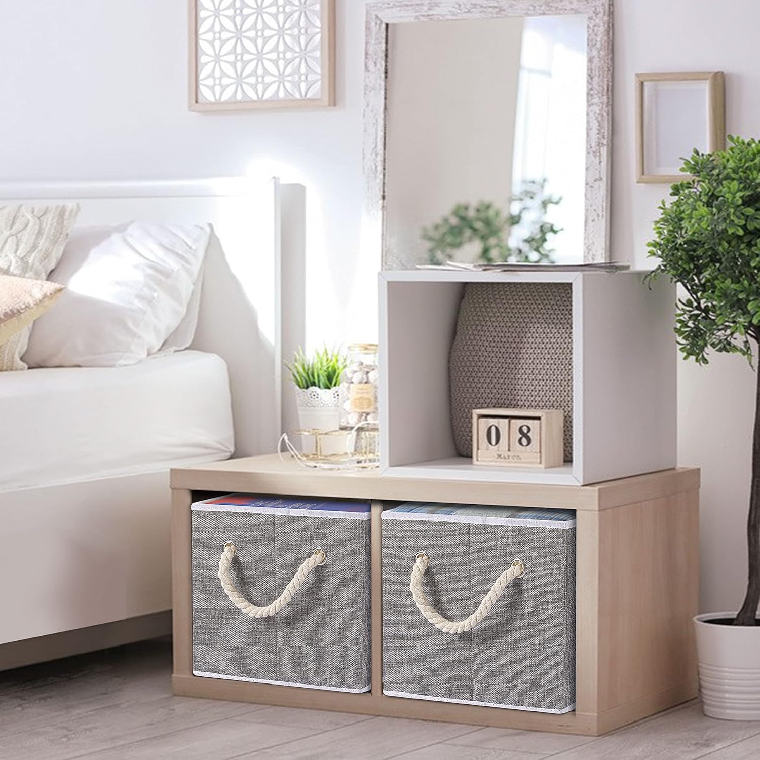 Yawinhe Collapsible Storage Bins 3-Pack, Large Fabric Baskets with Rope Handle, Organizers for Shelves, Closets, Clothes, 16.53''Lx11.81''Wx10.23''H, Grey