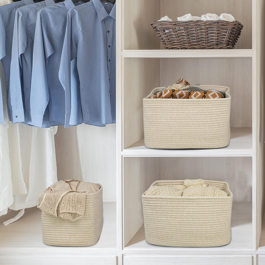 Rope storage Basket Bins Woven Basket for Organizing Shelves 15X10X9.3" Rectangle Decorative Baskets For storage Clothes Toys Books Towels Nursery basket organizer 3 pack Oatmeal