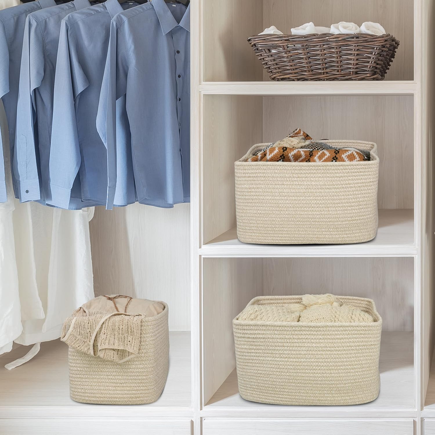Rope storage Basket Bins Woven Basket for Organizing Shelves 15X10X9.3" Rectangle Decorative Baskets For storage Clothes Toys Books Towels Nursery basket organizer 3 pack Oatmeal