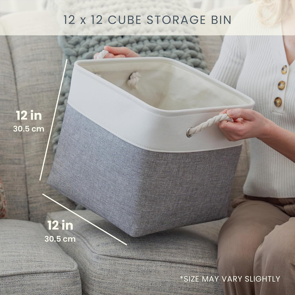 OrganiHaus 12x12 Cube Storage Bins 4 Pack, Foldable Cube Storage Organizer w/ Rope Handles, Collapsible Fabric Bins for Toys, Clothes & Closet Organization, Fabric Square Baskets - Gray/White