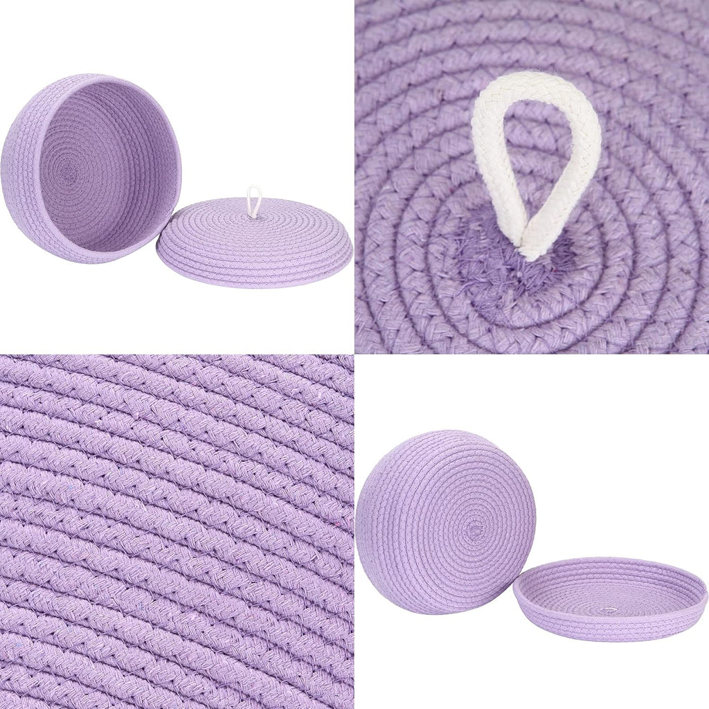 Sea Team Round Cotton Rope Storage Basket with Lid, Decorative Woven Storage Bin, Pot, Caddy, Organizer, Container for Snacks, Towels, Plants, 13 x 5.5 Inches (Large, Shallow, Lavender)