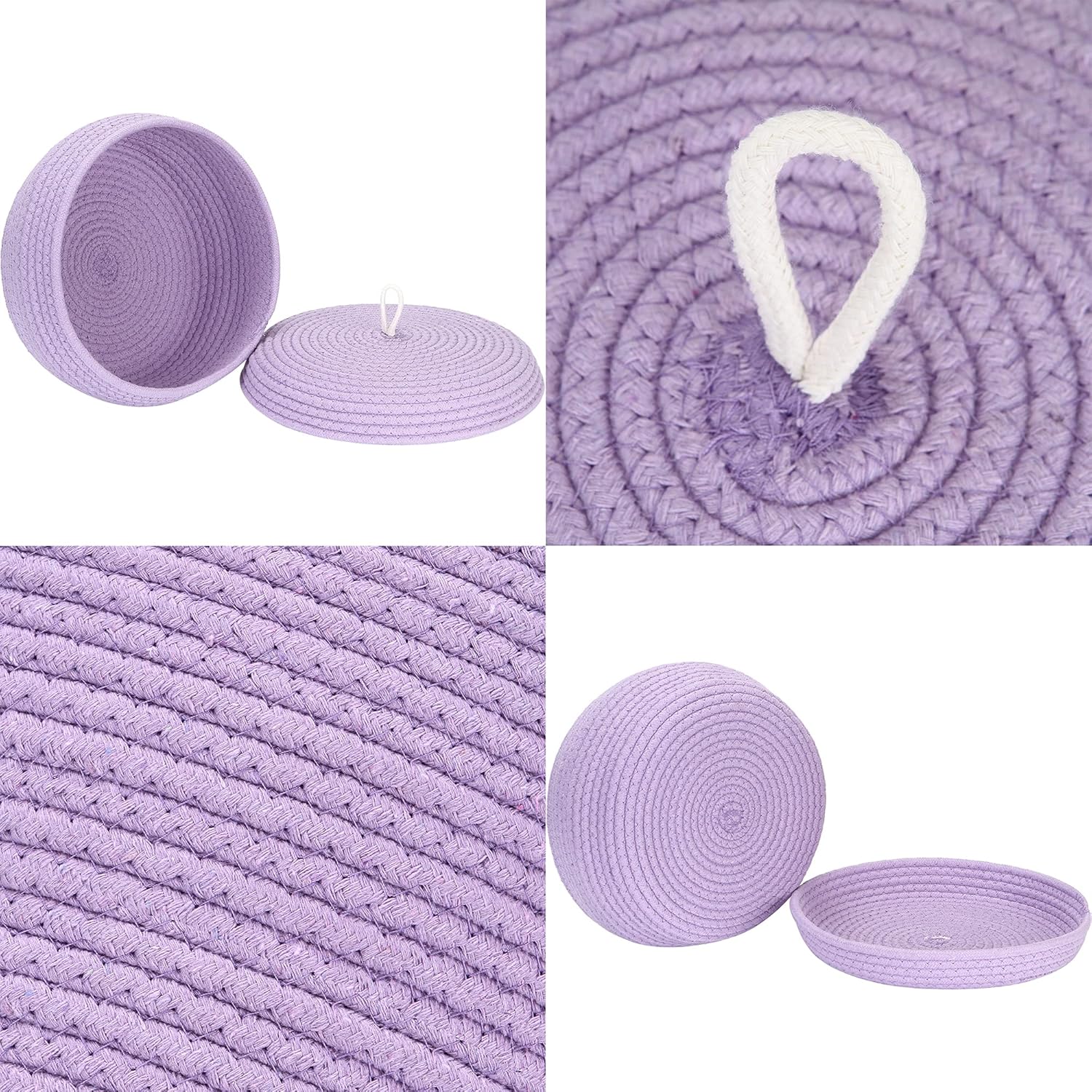 Sea Team Round Cotton Rope Storage Basket with Lid, Decorative Woven Storage Bin, Pot, Caddy, Organizer, Container for Snacks, Towels, Plants, 13 x 5.5 Inches (Large, Shallow, Lavender)