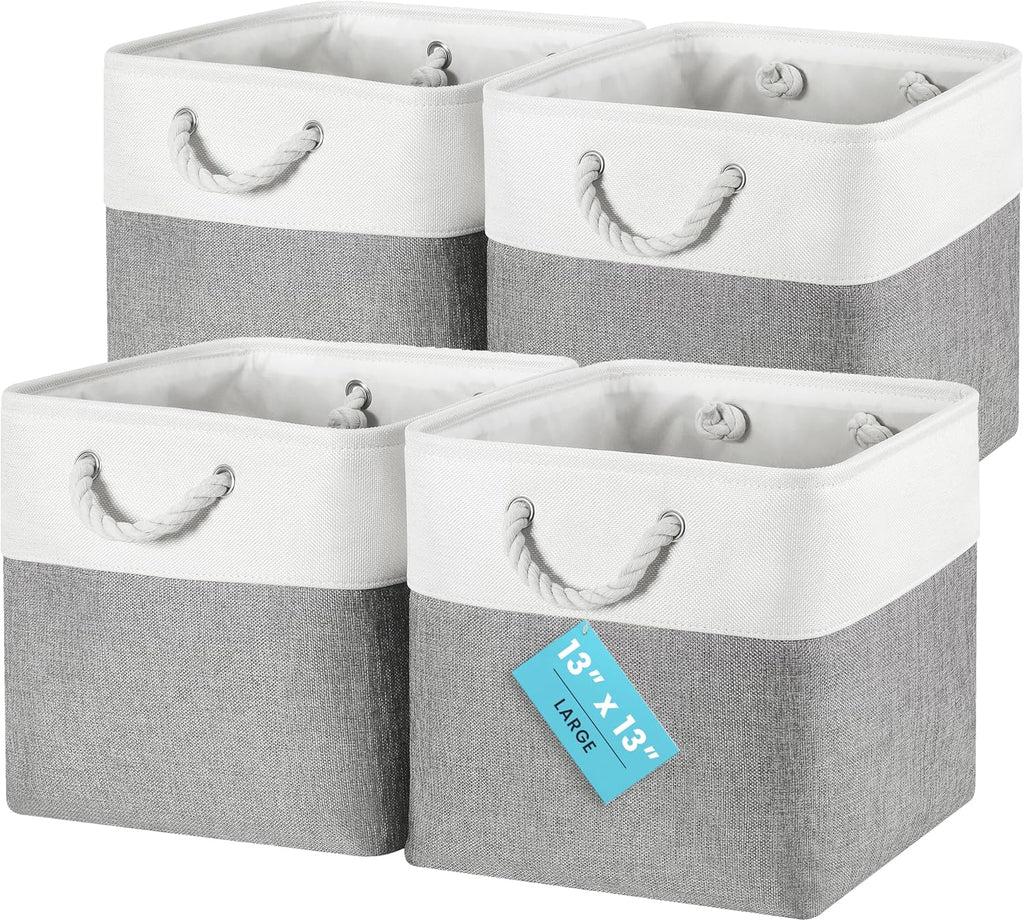 OrganiHaus 13x13 Cube Storage Bins 4 Pack, Foldable Cube Storage Organizer w/ Rope Handles, Collapsible Fabric Bins for Toys, Clothes & Closet Organization, Fabric Square Baskets - Gray/White