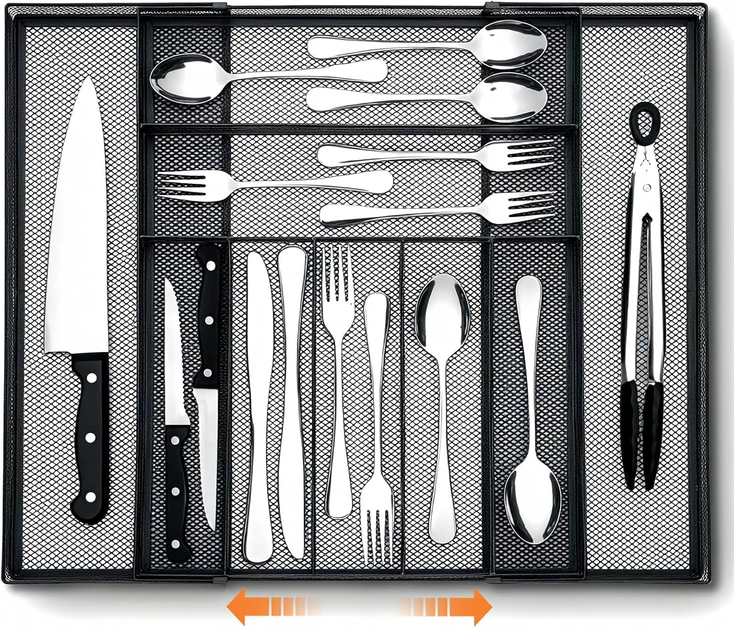 1 Pcs Utensil Drawer Silverware Organizer, Metal Mesh Expandable 13" ~24" Kitchen Drawer Organizer, 7-9 Slots Cutlery Tray Dividers for Kitchen Flatware Christmas Housewarming Gift (Black)