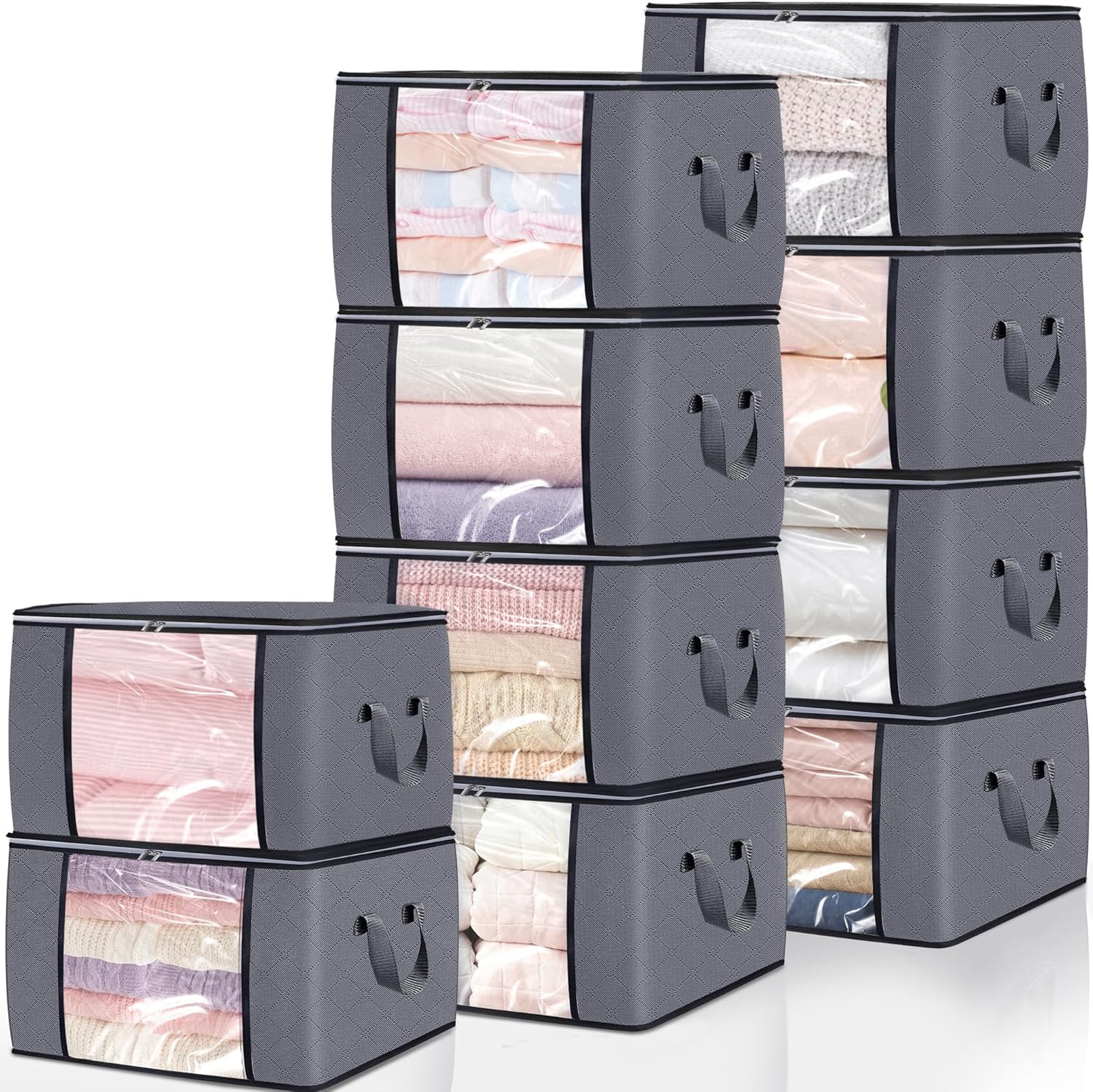 10 Pack Clothes Storage Bags, 90L Large Blanket Storage Bag Comforter Storage Bin with Reinforced Handle and Lid Foldable Closet Organizer and Storage Containers for Bedding Pillows Sheets and Duvet