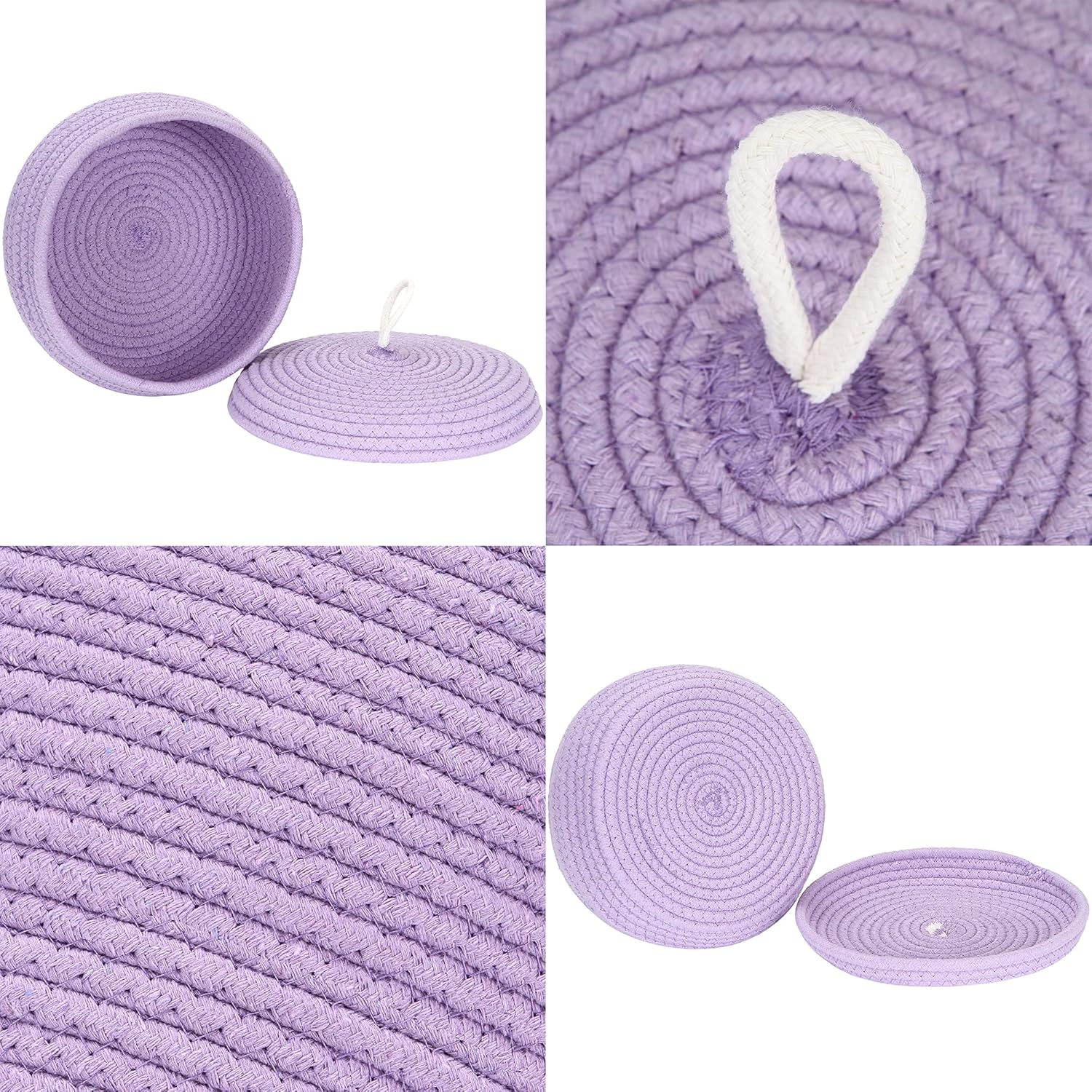 Sea Team Round Cotton Rope Storage Basket with Lid, Decorative Woven Storage Bin, Pot, Caddy, Organizer, Container for Snacks, Towels, Plants, 10 x 4.5 Inches (Small, Shallow, Lavender)