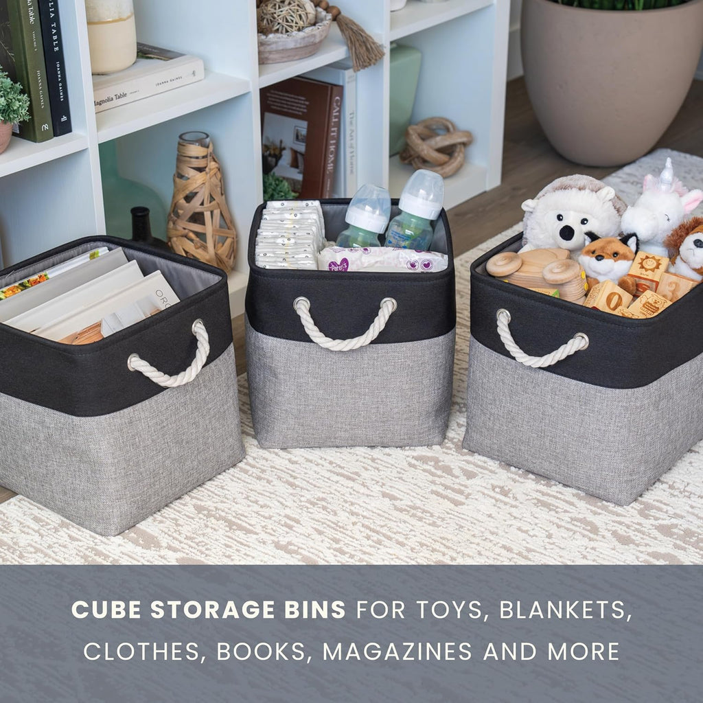 OrganiHaus 12x12 Cube Storage Bins 4 Pack, Foldable Cube Storage Organizer w/ Rope Handles, Collapsible Fabric Bins for Toys, Clothes & Closet Organization, Fabric Square Baskets - Gray/Black