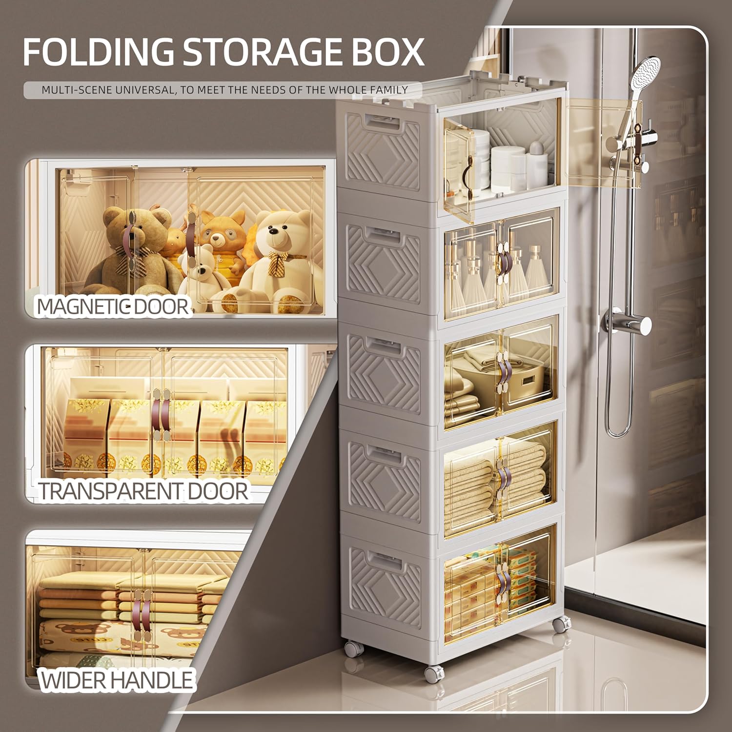 332 QT / 83 Gal White Storage Bins with 1 Lid - Collapsible Stackable Cabinet Organizer w/Wheels & Magnetic Doors, Plastic Storage Box for Office Closet Organization