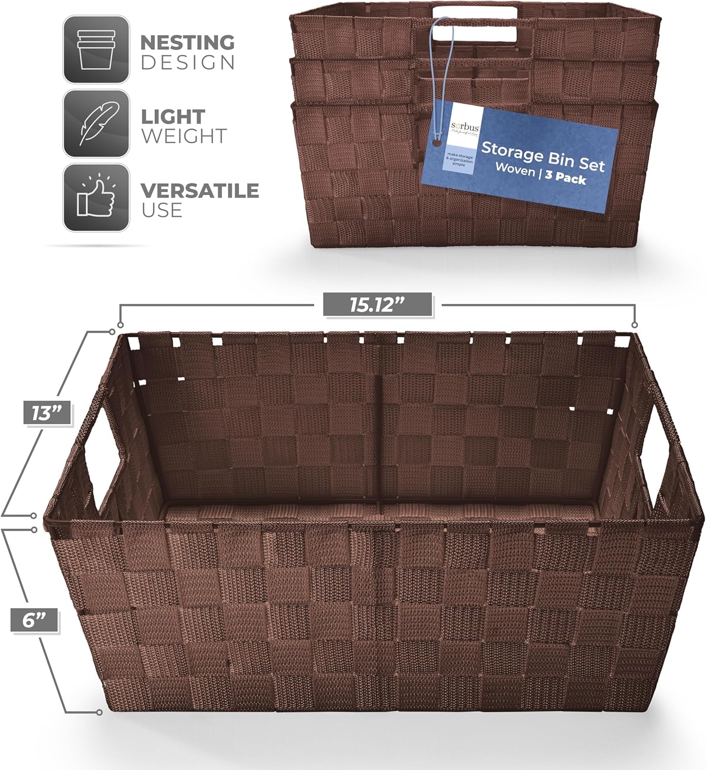 Sorbus Set of 3 Large Woven Storage Baskets – Mesh Hand-Woven Baskets for Organizing, Fabric Storage Bins for Linen Closet Organizer, Storage Baskets for Shelves and Home Organization (Chocolate)