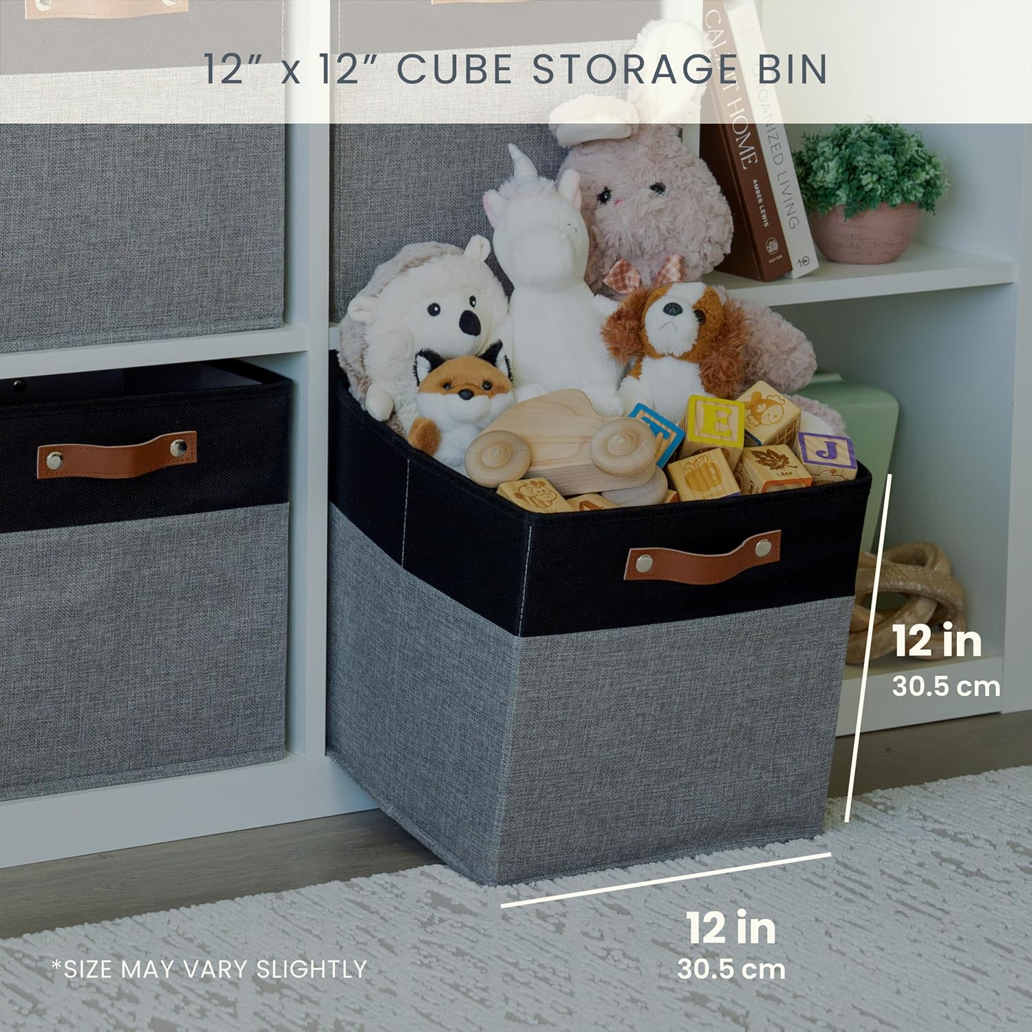 OrganiHaus 12" x 12" x 12" Fabric Storage Bins - Set of 4, Cube Canvas Organizer Bins with Vegan Handles, Kallax Storage Cubes, Cubbies Organizer Boxes, 12 Inch Cubic Baskets for Shelves - Grey/Black