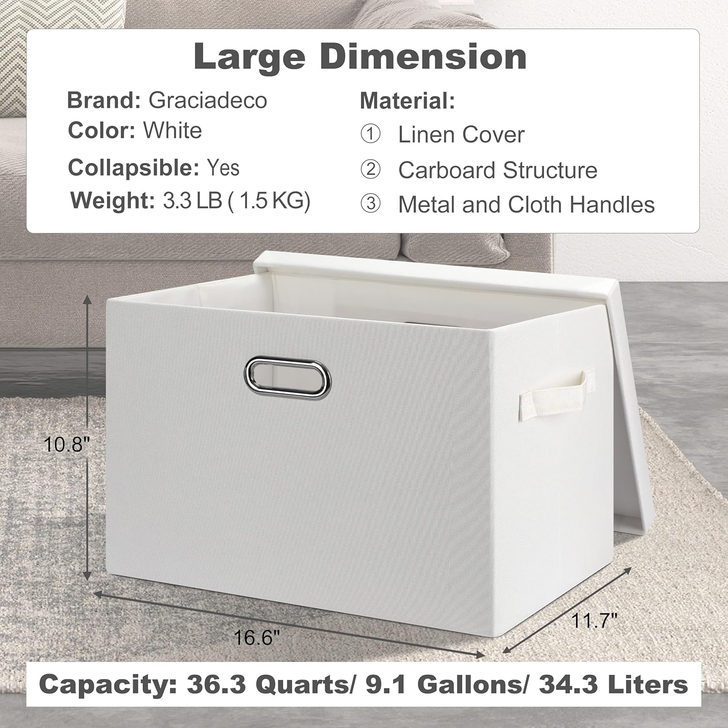 Large 17" 36 Quart Collapsible Stackable Storage Bins with Lids, 1 Pack White Foldable Fabric Closet Storage Boxes with Lids, 4 Handles Heavy-duty Linen Cube Baskets for Bedroom
