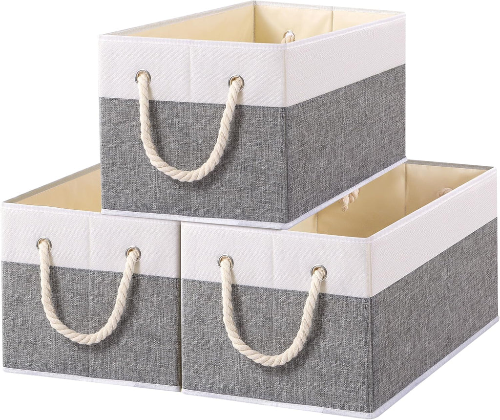 Yawinhe Collapsible Storage Bins 3-Pack, Large Fabric Baskets with Rope Handle, Organizers for Shelves, Closets, Clothes, 16.53''Lx11.81''Wx10.23''H, White/Grey