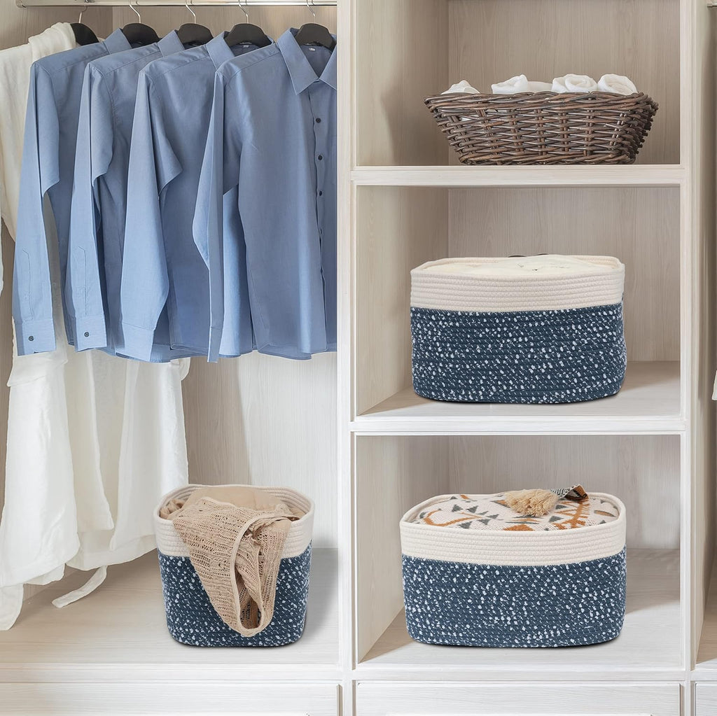 White and Blue Cotton Rope storage Basket Bins Woven Basket for Organizing Shelves 15X10X9.3“ Rectangle Decorative Baskets For storage Books Towels Wicker Nursery basket organizer Set of 3