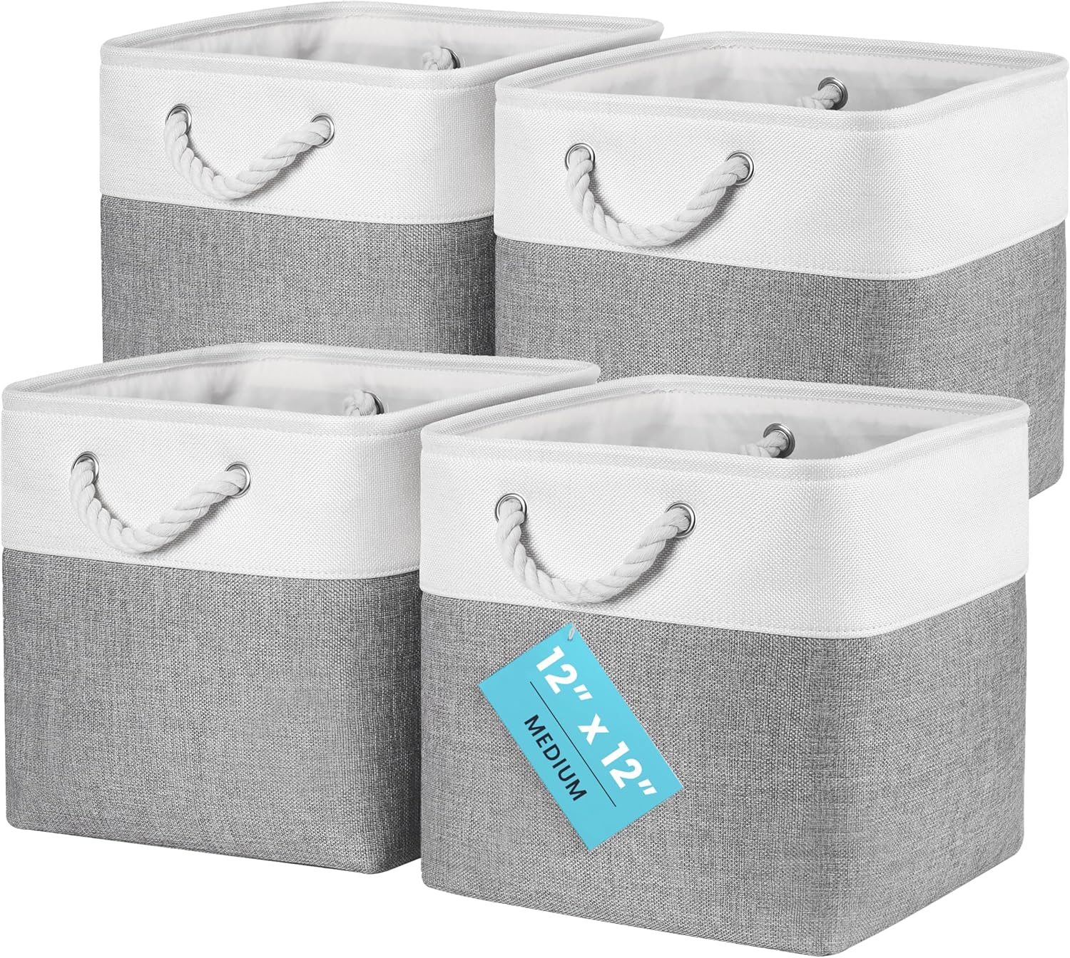 OrganiHaus 12x12 Cube Storage Bins 4 Pack, Foldable Cube Storage Organizer w/ Rope Handles, Collapsible Fabric Bins for Toys, Clothes & Closet Organization, Fabric Square Baskets - Gray/White