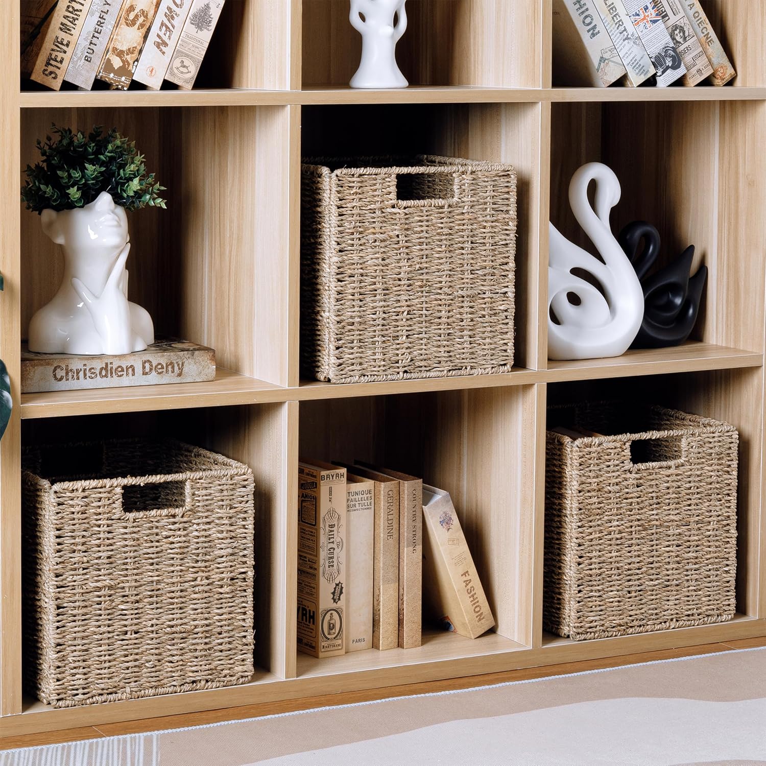 10.5 x 10.5in Cube Seagrass Storage Baskets, Foldable Square Wicker Storage Baskets for Shelves Set of 3, Large Cubby Rattan Basket, Collapsible Cube Storage Bins