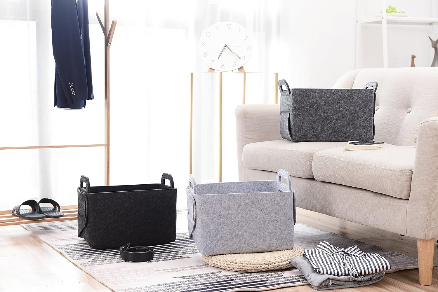 Storage Basket Felt Storage Bin Collapsible& Convenient Box Organizer with Carry Handles for Office Bedroom Closet Babies Nursery Toys Laundry (Light grey, 13.8inch（L）×9.5inch（W）×8.3inch（H）)