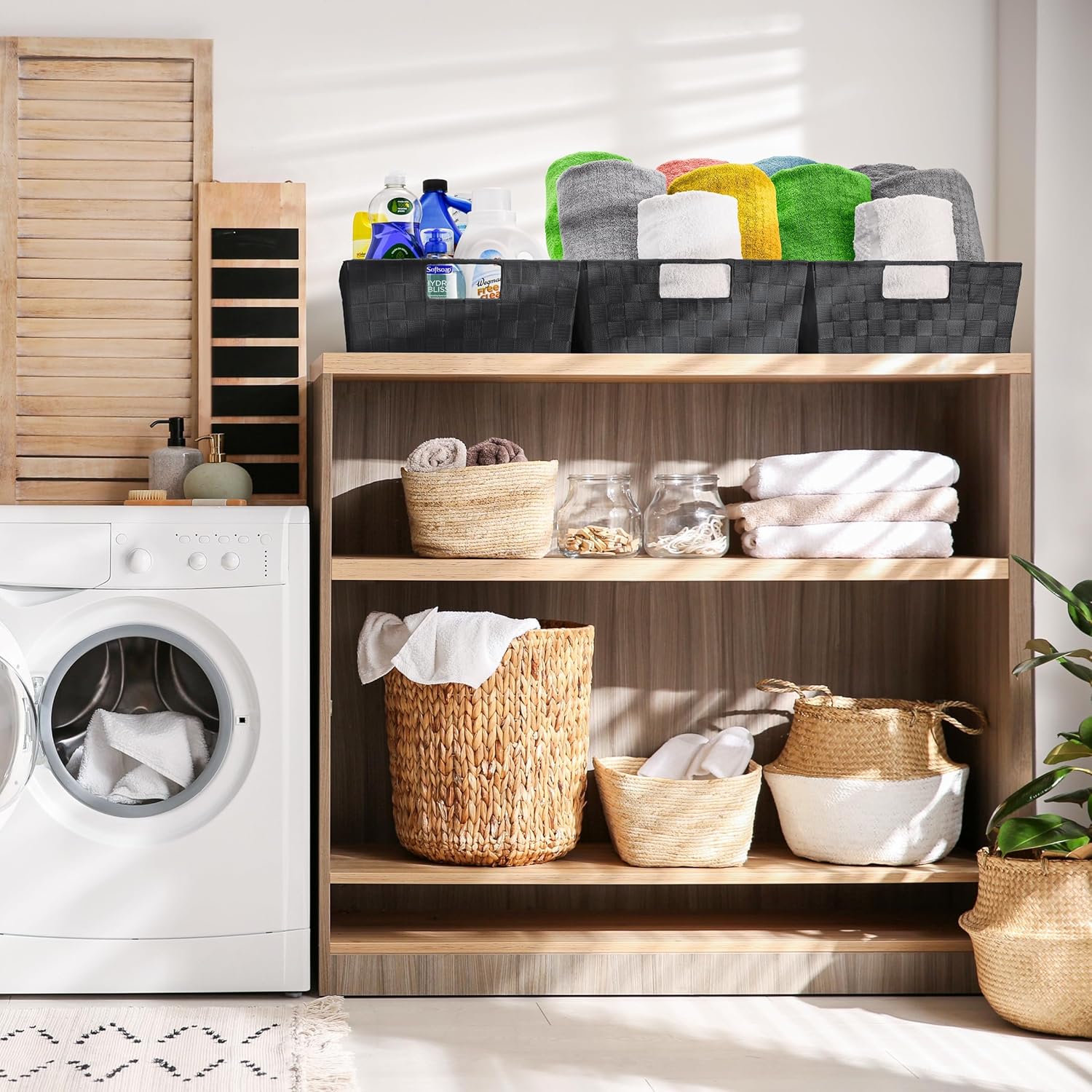 Sorbus Set of 3 Large Woven Storage Baskets – Mesh Hand-Woven Baskets for Organizing, Fabric Storage Bins for Linen Closet Organizer, Storage Baskets for Shelves and Home Organization (Black)