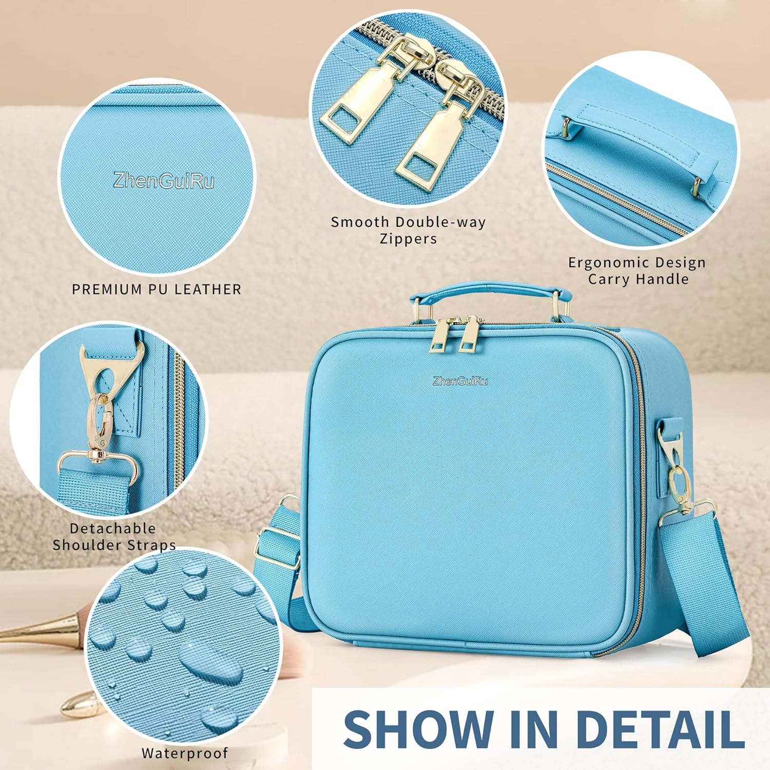 Travel Makeup Bag with LED Mirror, Cosmetic Train Case with Lighted Mirror, Waterproof Makeup Organizer Case for Brush Holder Storage, Travle Toiletry Bag for Women Gift