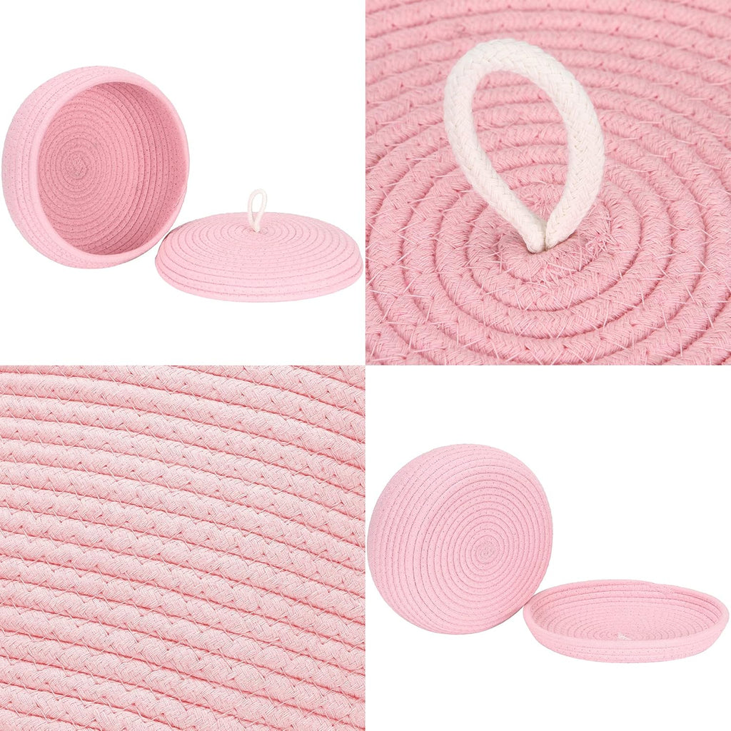 Sea Team Round Cotton Rope Storage Basket with Lid, Decorative Woven Storage Bin, Pot, Caddy, Organizer, Container for Snacks, Towels, Plants, 10 x 4.5 Inches (Small, Shallow, Pink)