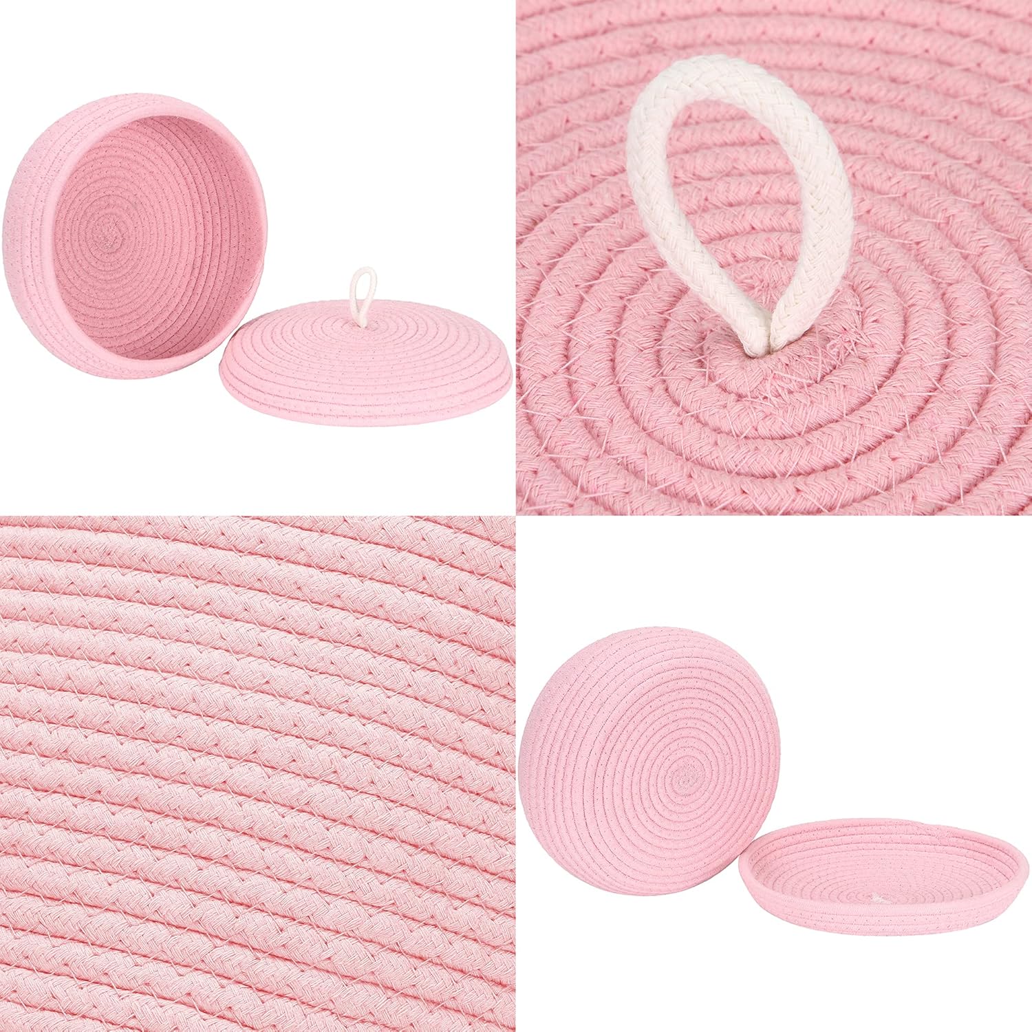Sea Team Round Cotton Rope Storage Basket with Lid, Decorative Woven Storage Bin, Pot, Caddy, Organizer, Container for Snacks, Towels, Plants, 10 x 4.5 Inches (Small, Shallow, Pink)