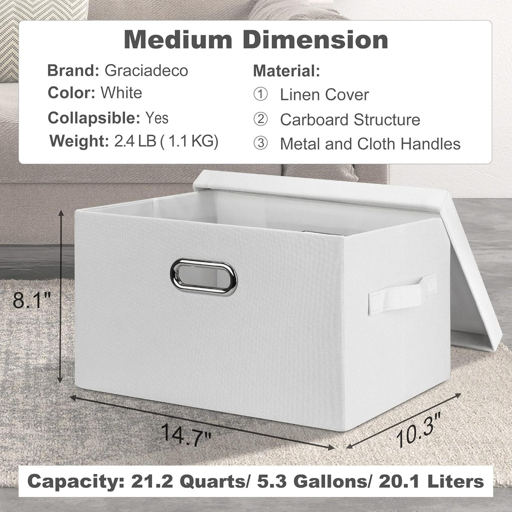 Medium 15" 21 Quart Collapsible Stackable Storage Bins with Lids, 3 Packs White Foldable Fabric Closet Boxes Heavy-duty Linen Cube Baskets Container for Bedroom Office (15 x 11 x 8)