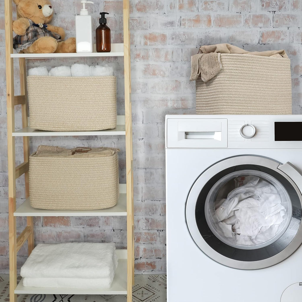 Rope storage Basket Bins Woven Basket for Organizing Shelves 15X10X9.3" Rectangle Decorative Baskets For storage Clothes Toys Books Towels Nursery basket organizer 3 pack Oatmeal