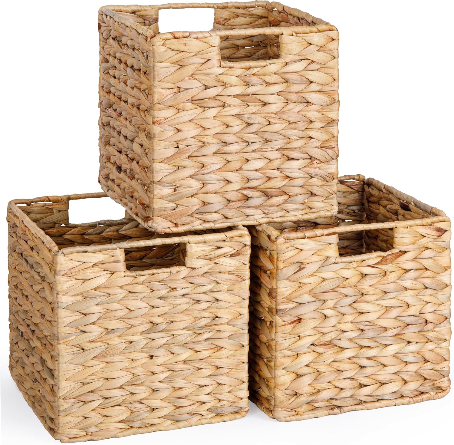 10.5x10.5 Water Hyacinth Storage Baskets, Collapsible Square Wicker Baskets Cube Storage Bins for IKEA Kallax, Set of 3