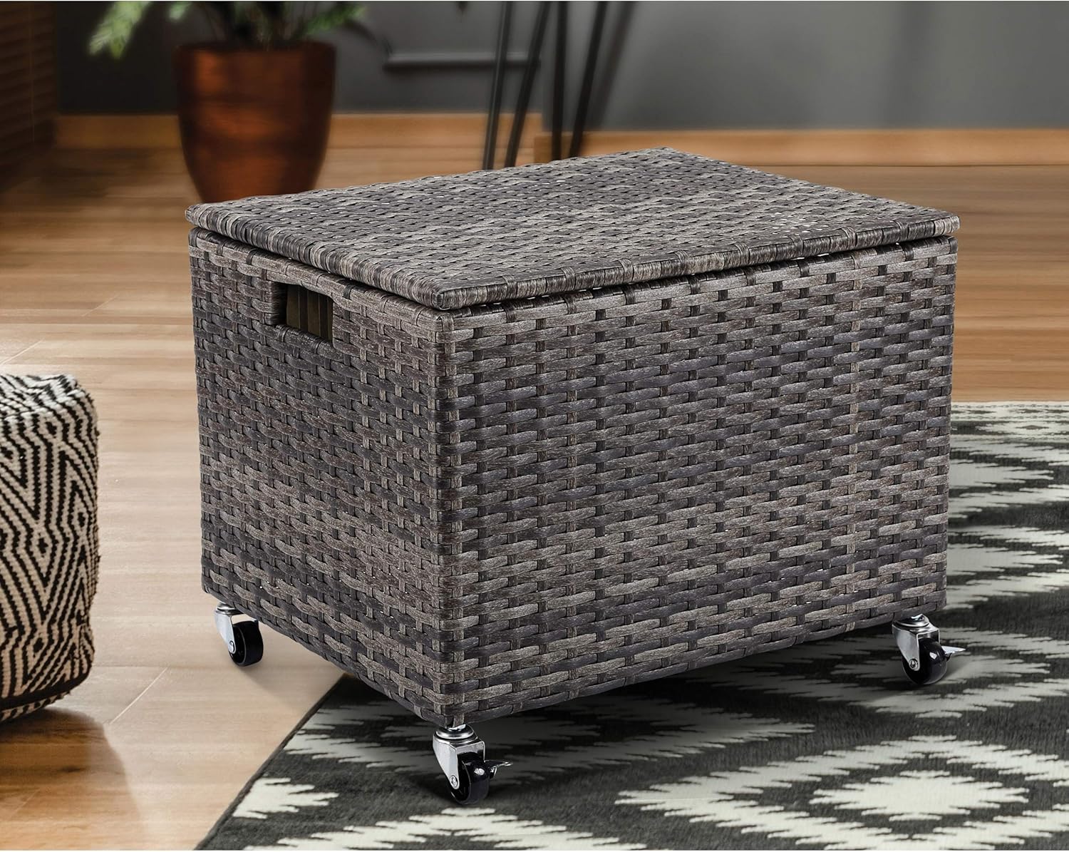 BIRDROCK HOME Rolling File Box - Storage Cabinet with Wheels - Weatherproof Rattan-Style Resin Deck Chest for Garden, Home and Office - Organize Cushions, Toys, and Accessories - Storage Box - Grey