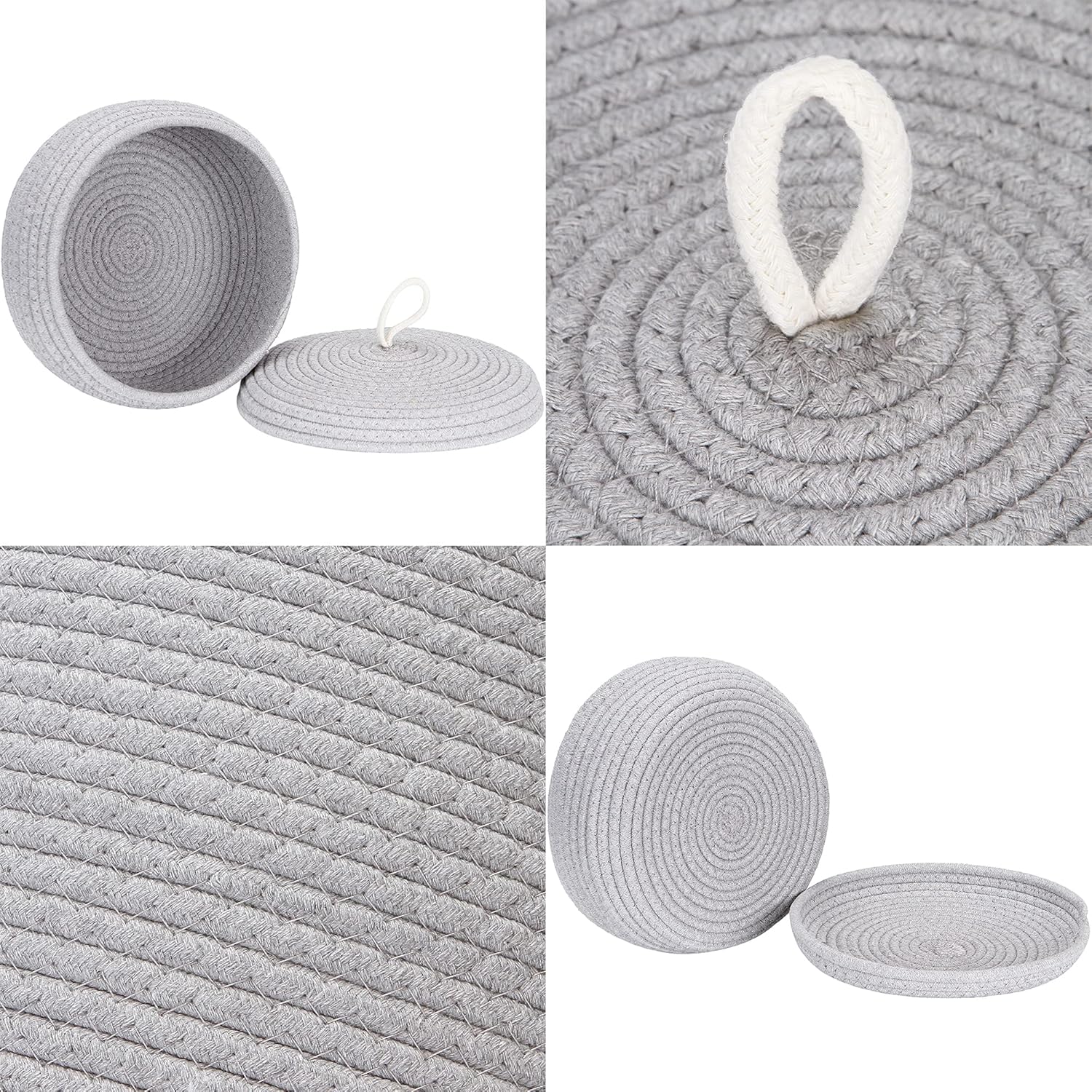Sea Team Round Cotton Rope Storage Basket with Lid, Decorative Woven Storage Bin, Pot, Caddy, Organizer, Container for Snacks, Towels, Plants, 10 x 4.5 Inches (Small, Shallow, Grey)