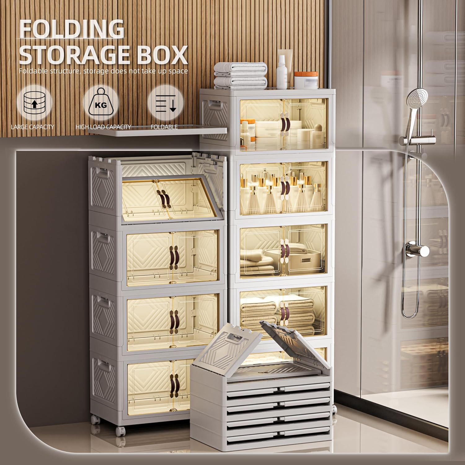 332 QT / 83 Gal White Storage Bins with 1 Lid - Collapsible Stackable Cabinet Organizer w/Wheels & Magnetic Doors, Plastic Storage Box for Office Closet Organization