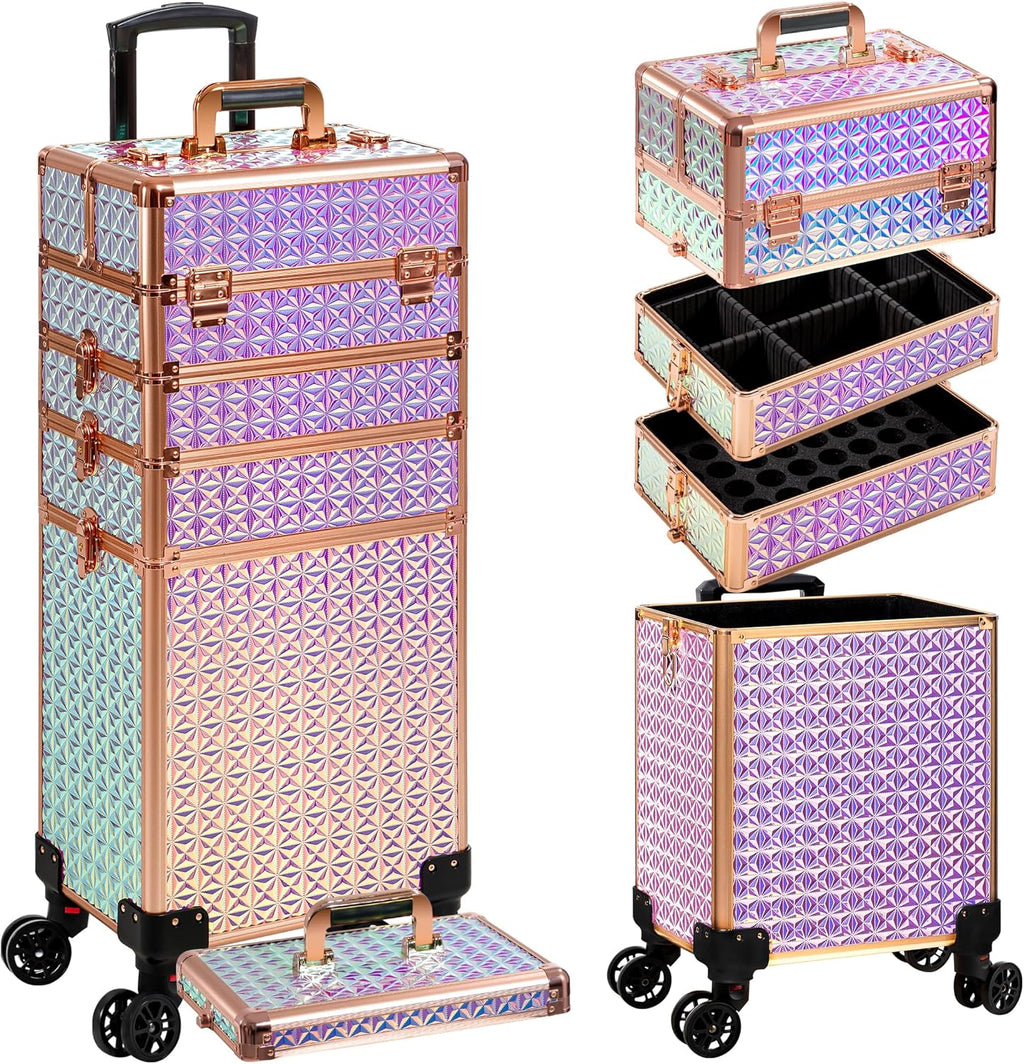 AROUS 5 in 1 Rolling Makeup Train Case Cosmetology Case on Wheels Large Cosmetic Organizer Travel Cart for Hairstylist Artist Nail Beauty Salon Barber,Colorful