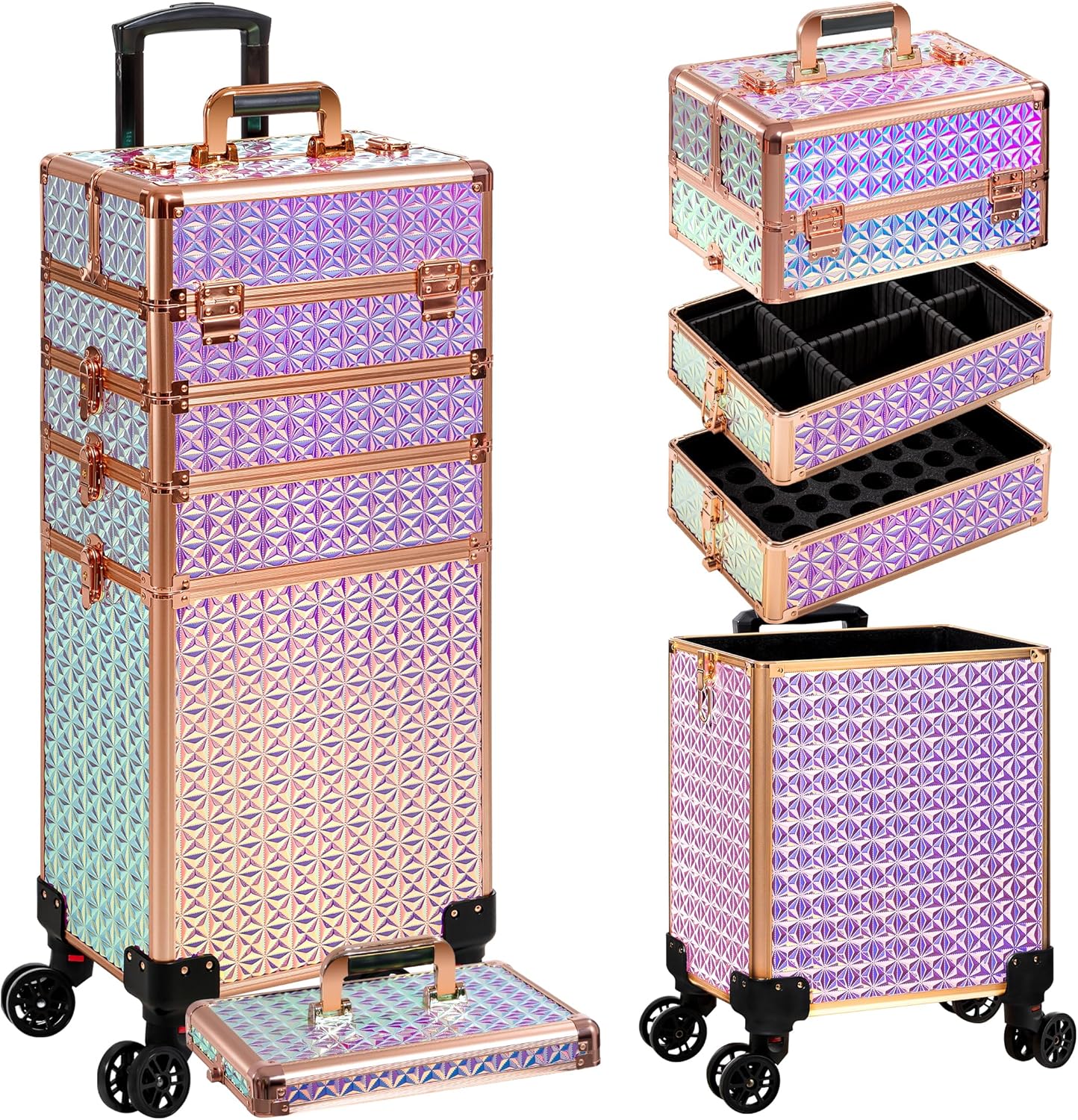 AROUS 5 in 1 Rolling Makeup Train Case Cosmetology Case on Wheels Large Cosmetic Organizer Travel Cart for Hairstylist Artist Nail Beauty Salon Barber,Colorful