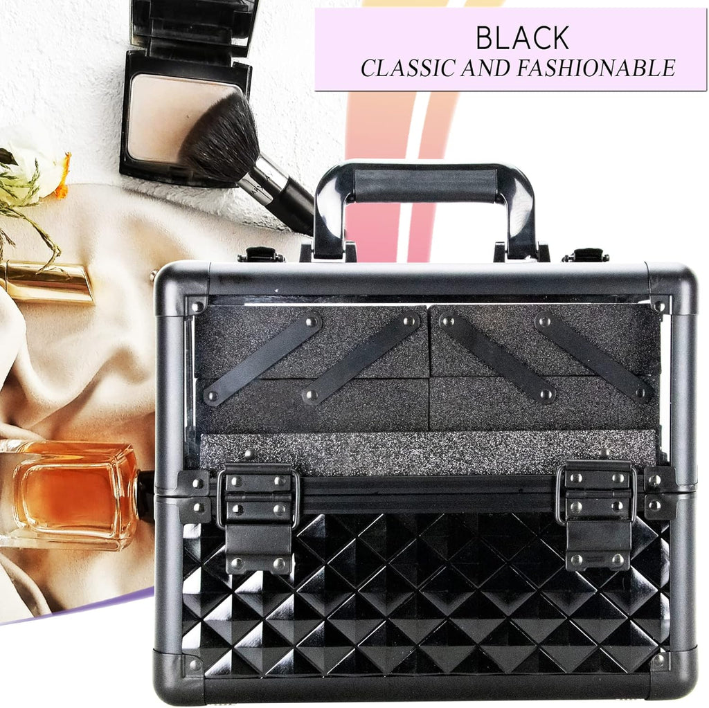 Ver Beauty Armored Acrylic Cosmetic Case Organizer Train Makeup Case with 4 Extendable Trays and Bottom Compartment Key and Lock (Black Diamond)