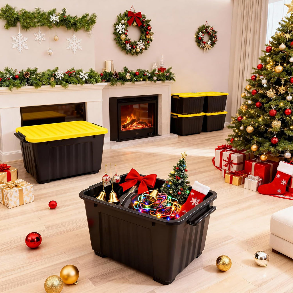 Nazhura 72Quart Plastic Storage Bin, Stackable and Nestable Storage Boxes with White Lids and Secure Latching Buckles, Large Storage Container (Black/Yellow, 72Quart-6Pack)