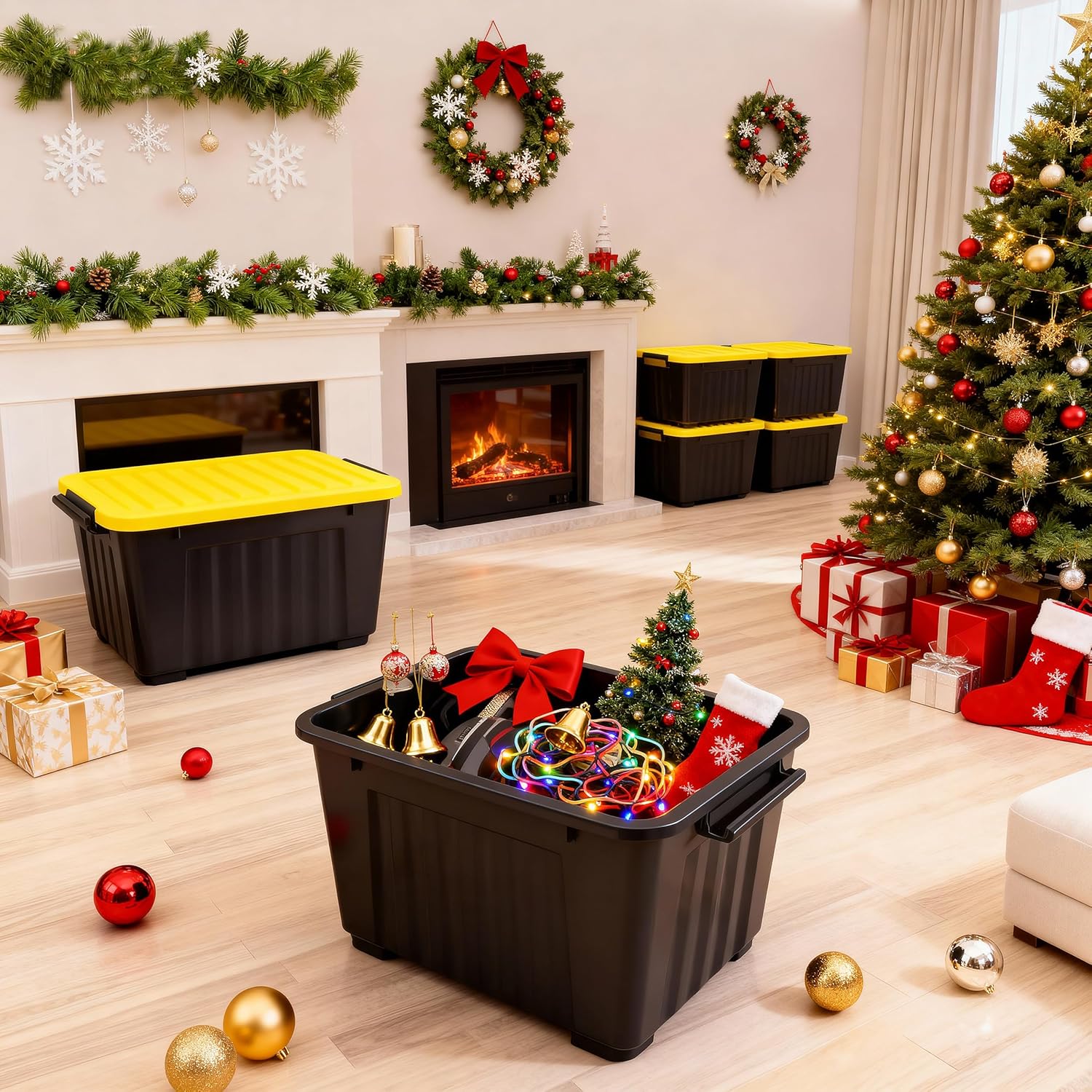 Nazhura 72Quart Plastic Storage Bin, Stackable and Nestable Storage Boxes with White Lids and Secure Latching Buckles, Large Storage Container (Black/Yellow, 72Quart-6Pack)