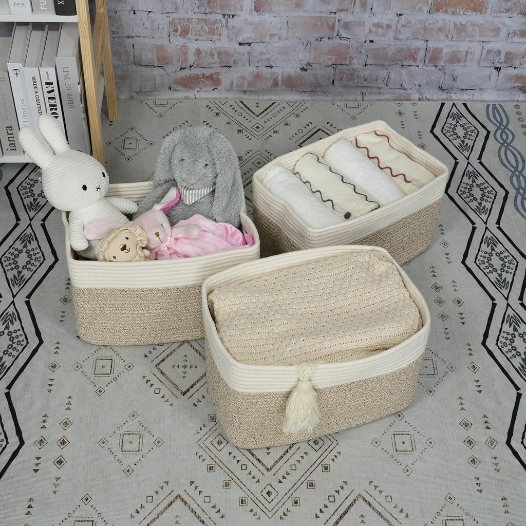 Cotton Rope storage Basket Bins Woven Basket for Organizing Shelves 15X10X9.3" Rectangle Decorative Baskets For storage Clothes Toys Books Towels Nursery basket organizer 3 pack white and brown