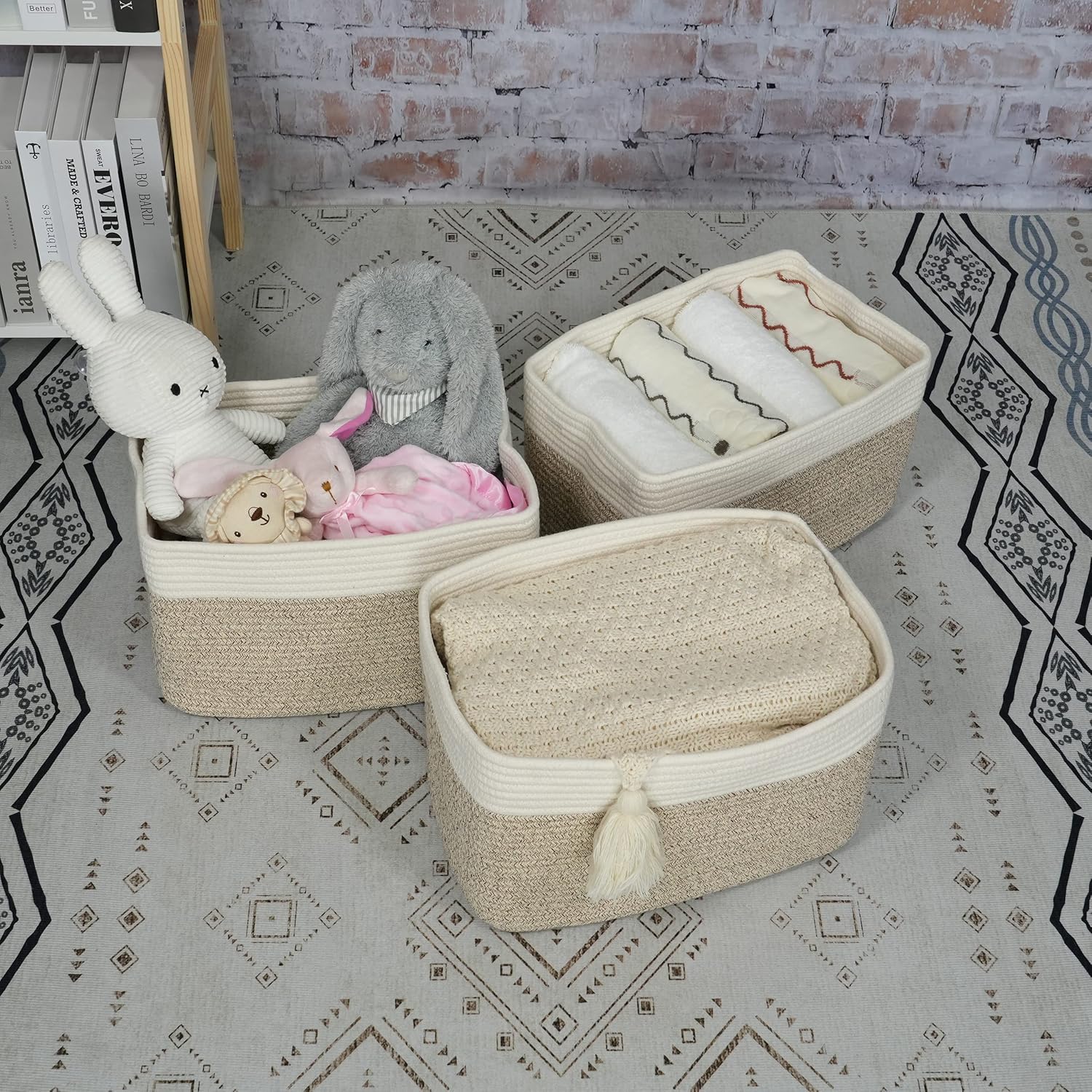 Cotton Rope storage Basket Bins Woven Basket for Organizing Shelves 15X10X9.3" Rectangle Decorative Baskets For storage Clothes Toys Books Towels Nursery basket organizer 3 pack white and brown