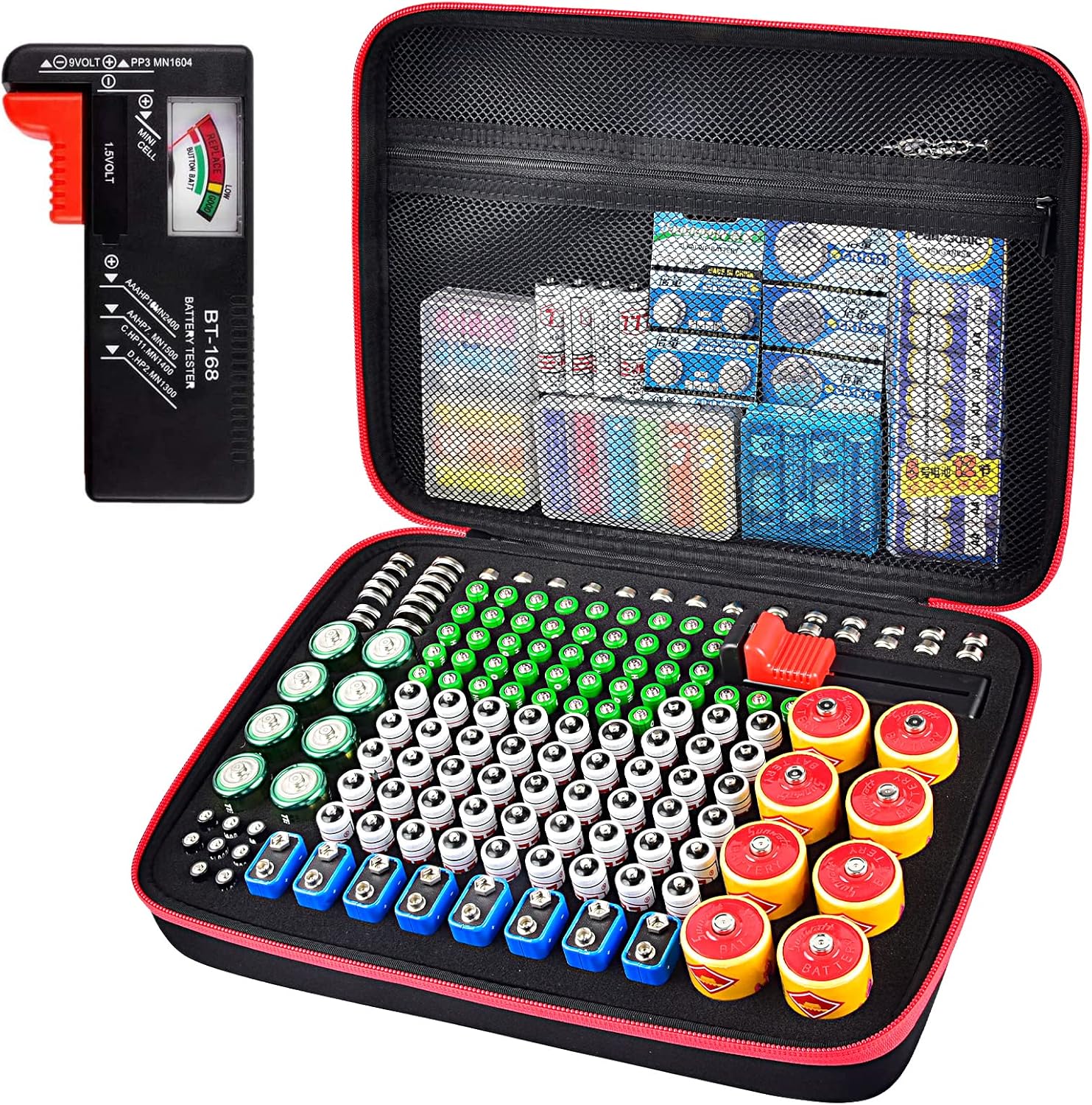 Battery Organizer Storage Holder Case Box with Tester Checker BT-168. Holds 225 Batteries AA AAA C D Cell 9V 3V Lithium (Red)