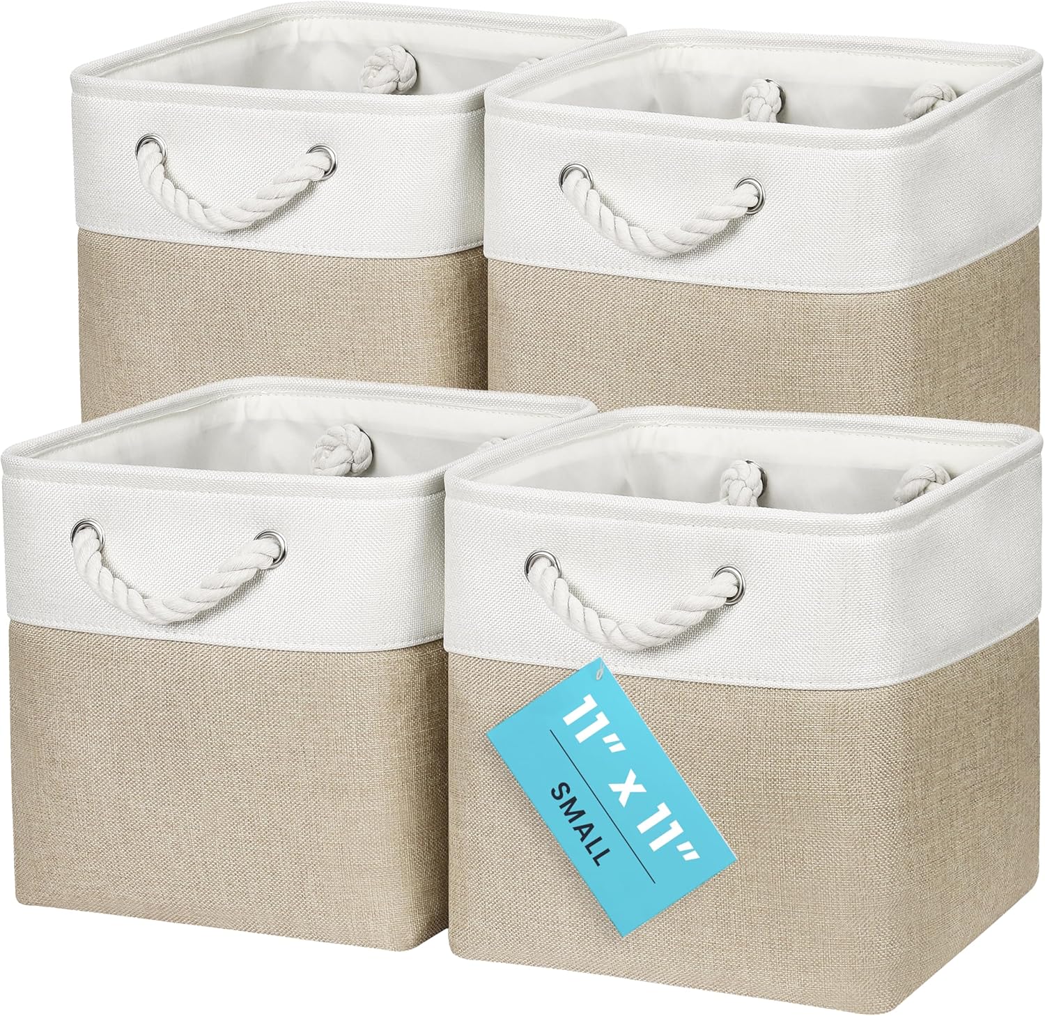OrganiHaus 11x11 Cube Storage Bins 4 Pack, Foldable Cube Storage Organizer w/ Rope Handles, Collapsible Fabric Bins for Toys, Clothes & Closet Organization, Fabric Square Baskets - Beige/White